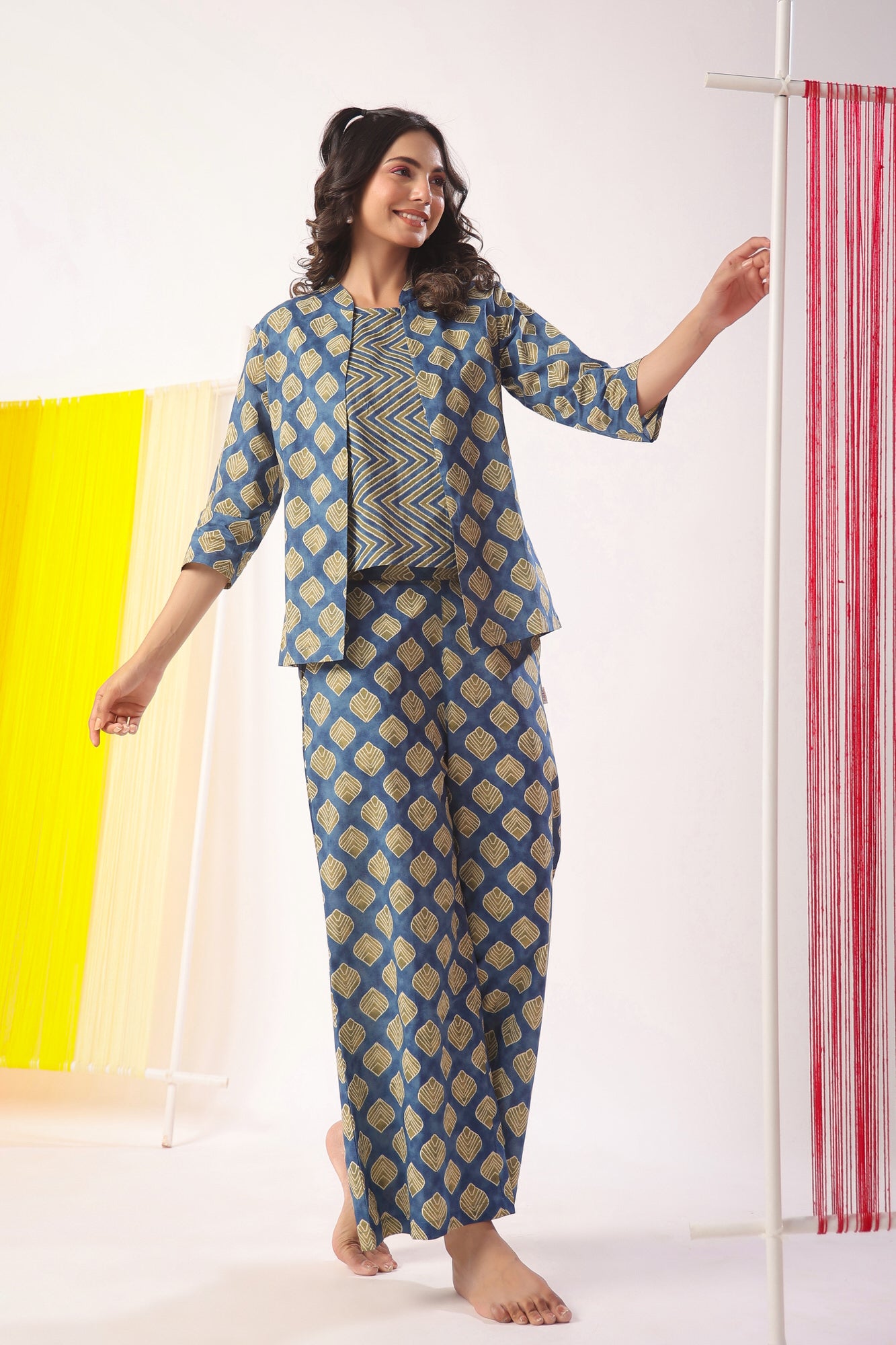 Mimosa Delight on Indigo Three Piece Cotton Set