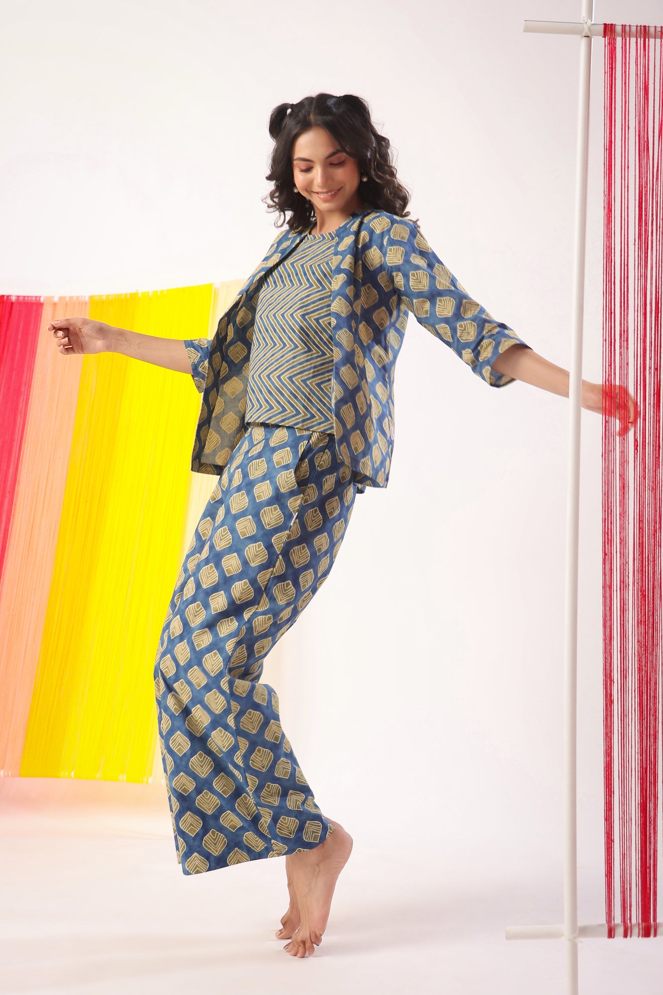 Mimosa Delight on Indigo Three Piece Cotton Set