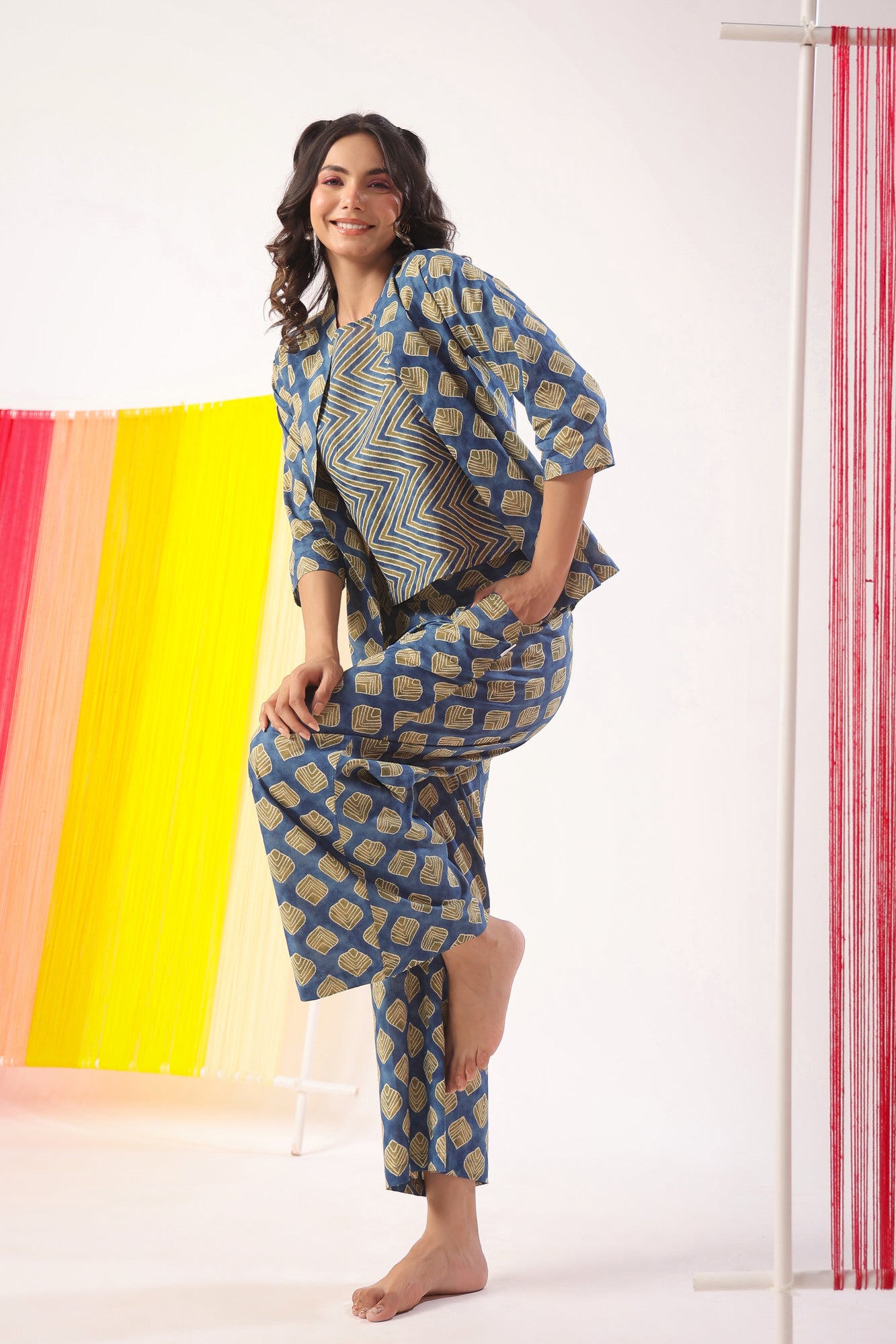 Mimosa Delight on Indigo Three Piece Cotton Set