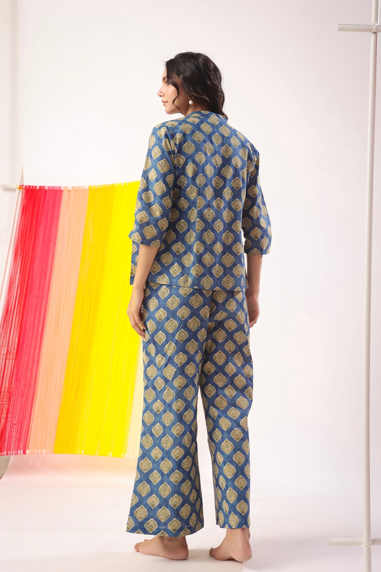 Mimosa Delight on Indigo Three Piece Cotton Set