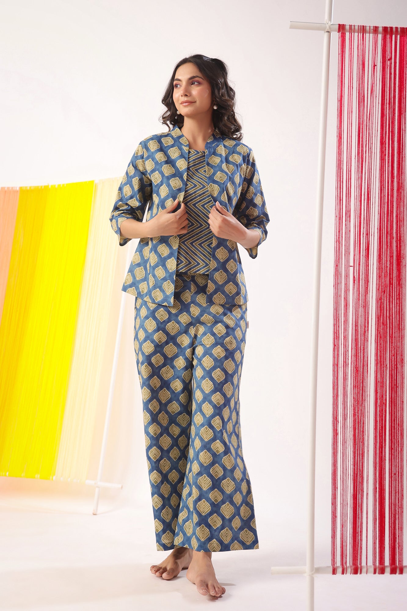 Mimosa Delight on Indigo Three Piece Cotton Set