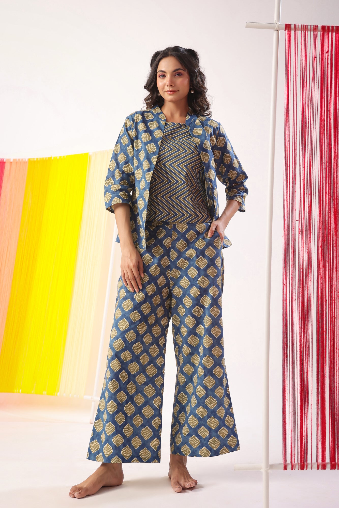 Mimosa Delight on Indigo Three Piece Cotton Set