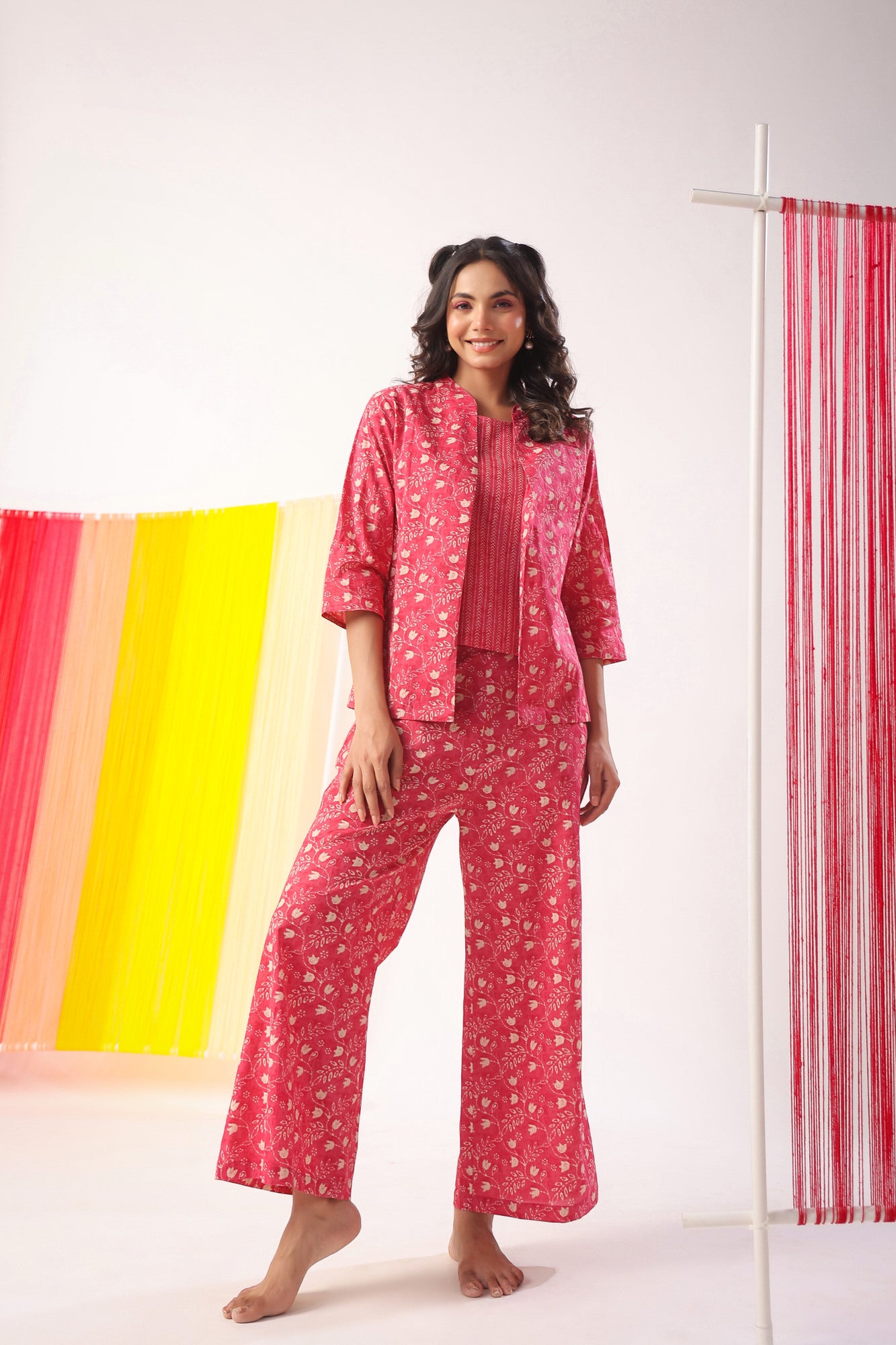 Dainty Floral on Pink Cotton Shrug Set