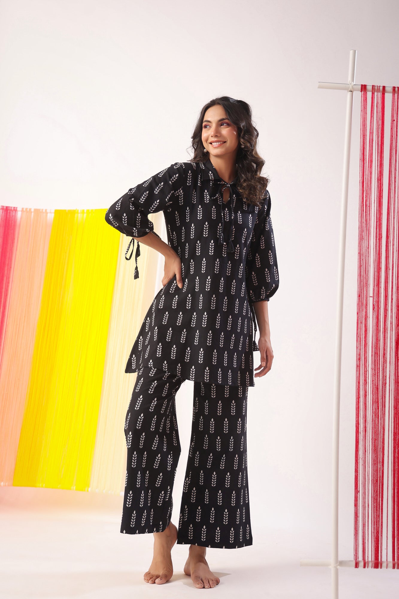 Minimalist Pattern On Black Cotton Flex Co-ord Set
