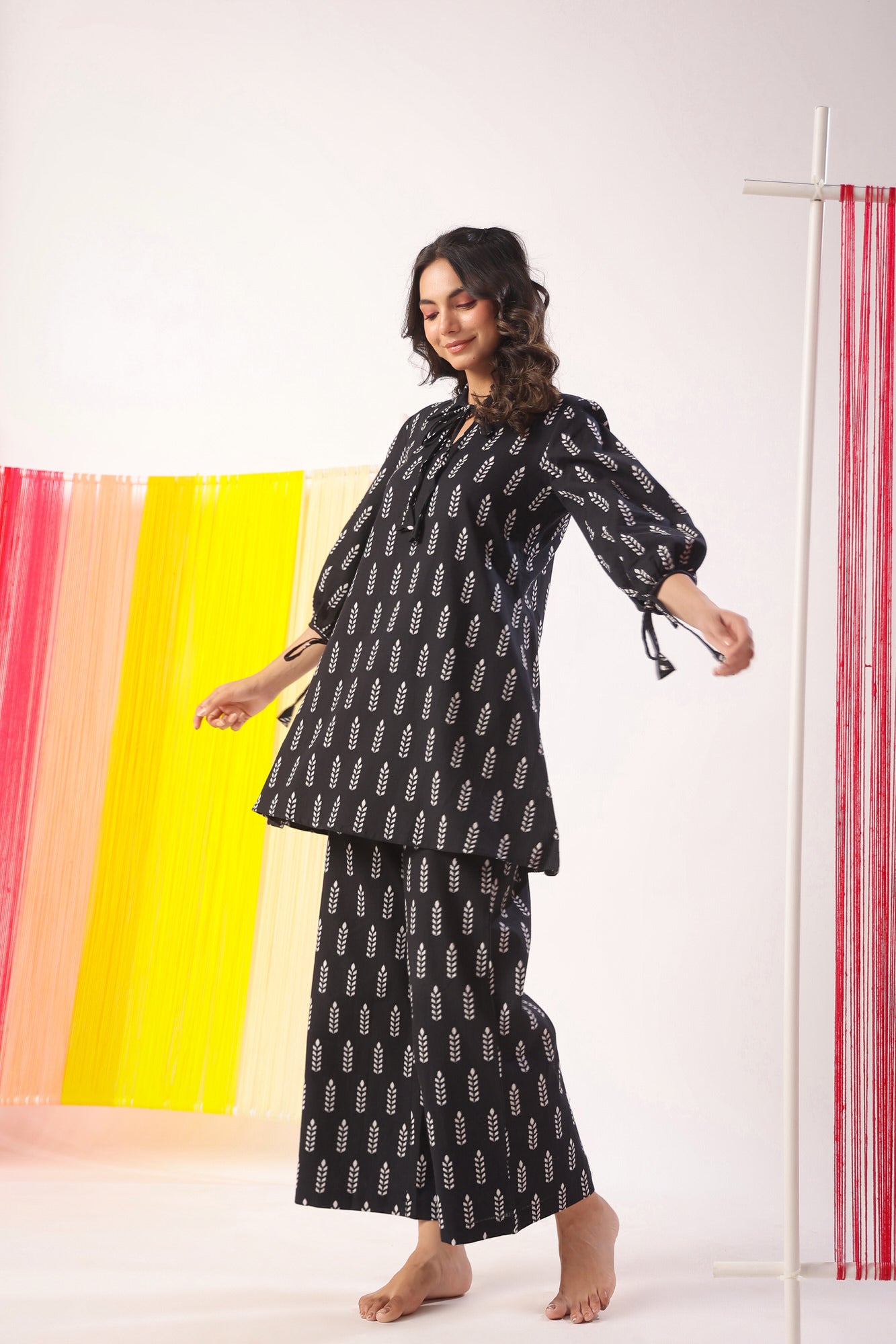 Minimalist Pattern On Black Cotton Flex Co-ord Set