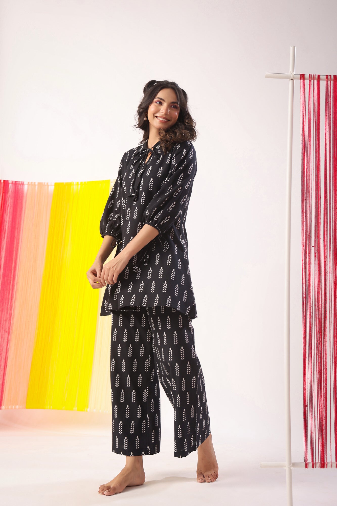 Minimalist Pattern On Black Cotton Flex Co-ord Set