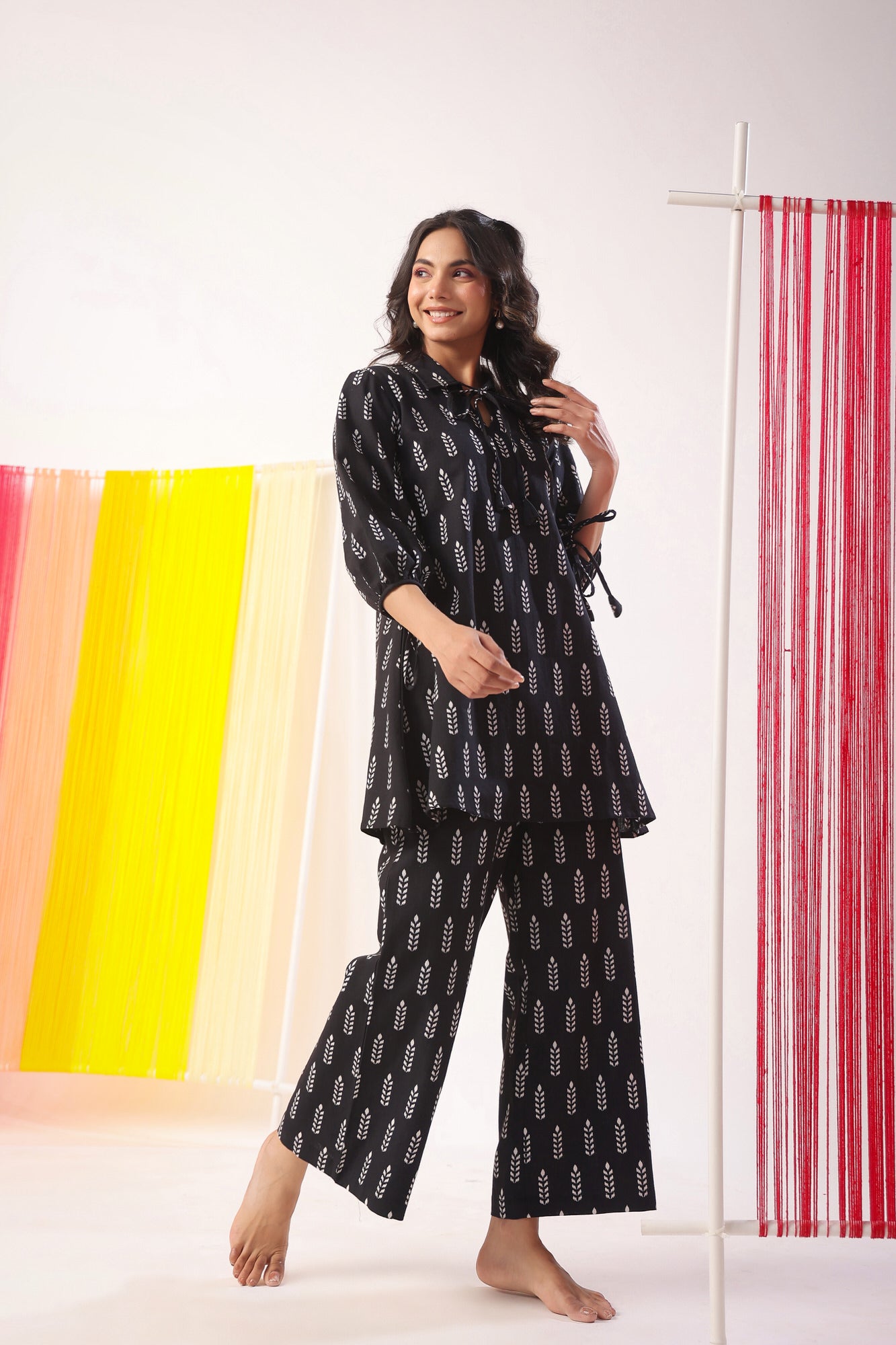 Minimalist Pattern On Black Cotton Flex Co-ord Set