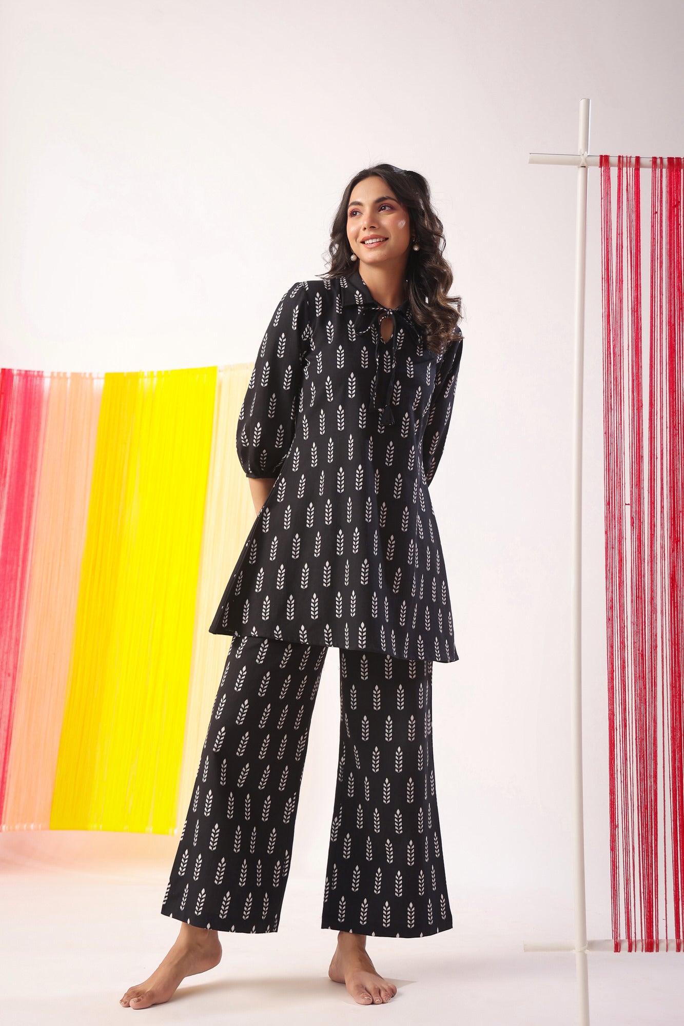 Minimalist Pattern On Black Cotton Flex Co-ord Set