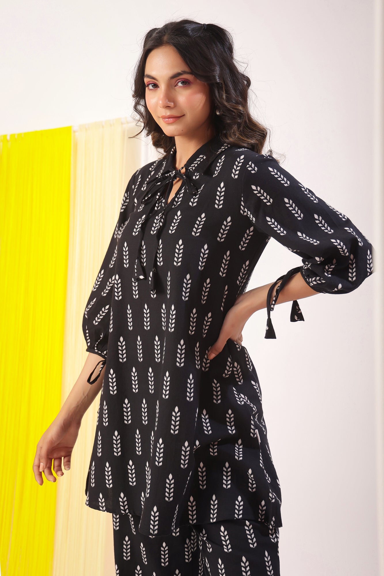 Minimalist Pattern On Black Cotton Flex Co-ord Set