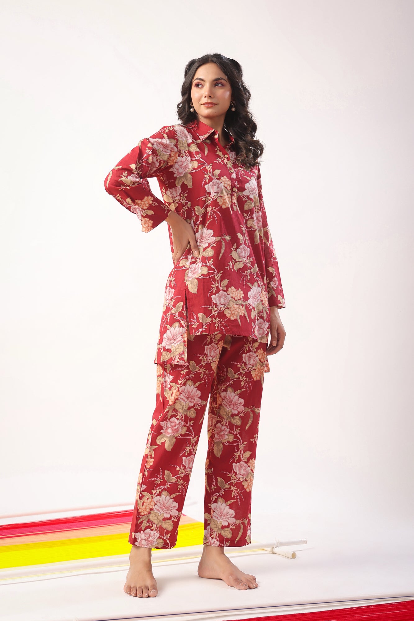 Florals on Maroon Loungewear Top Set