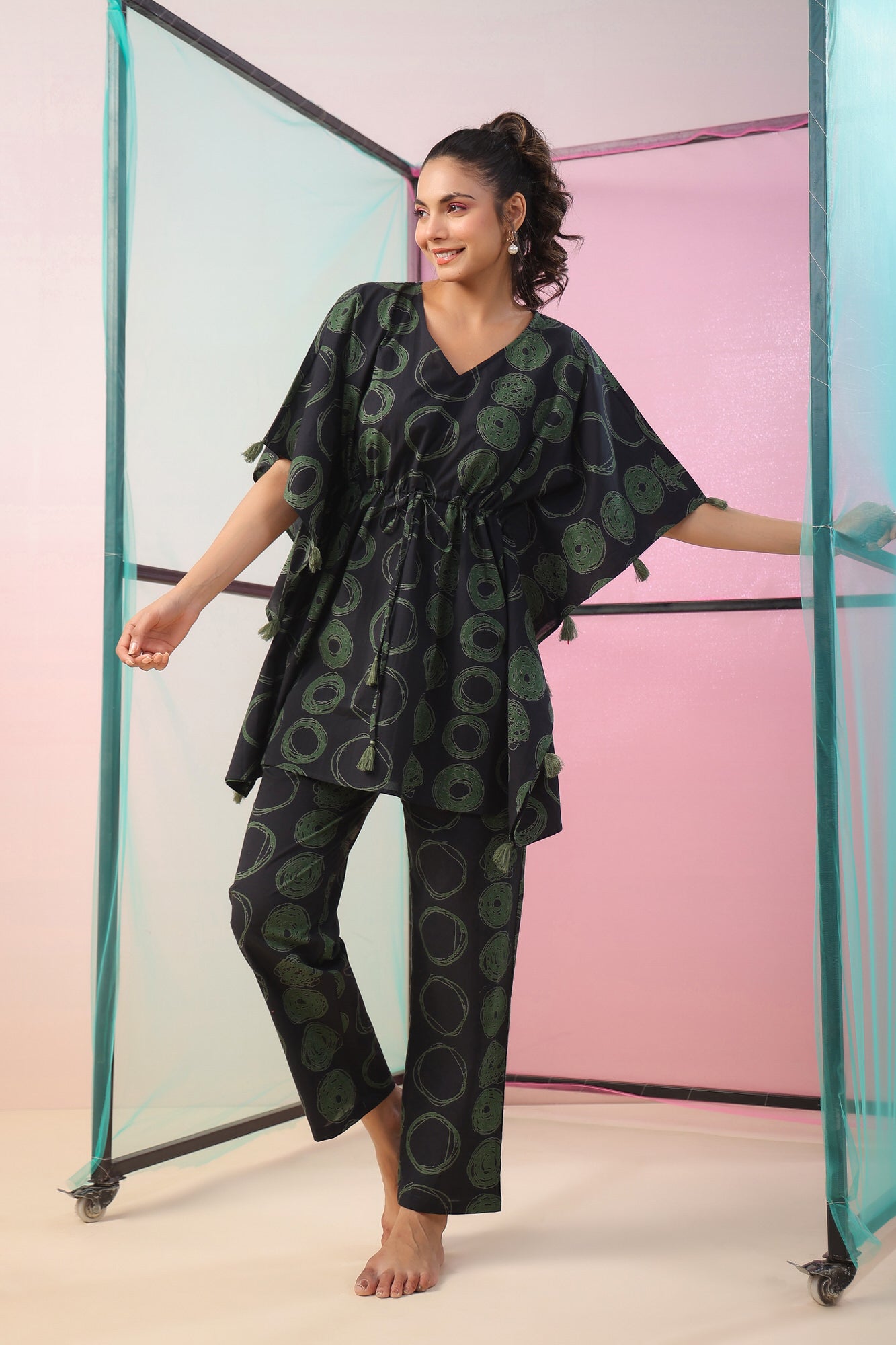 Circles on Black Kaftan Cotton Co-ord Set