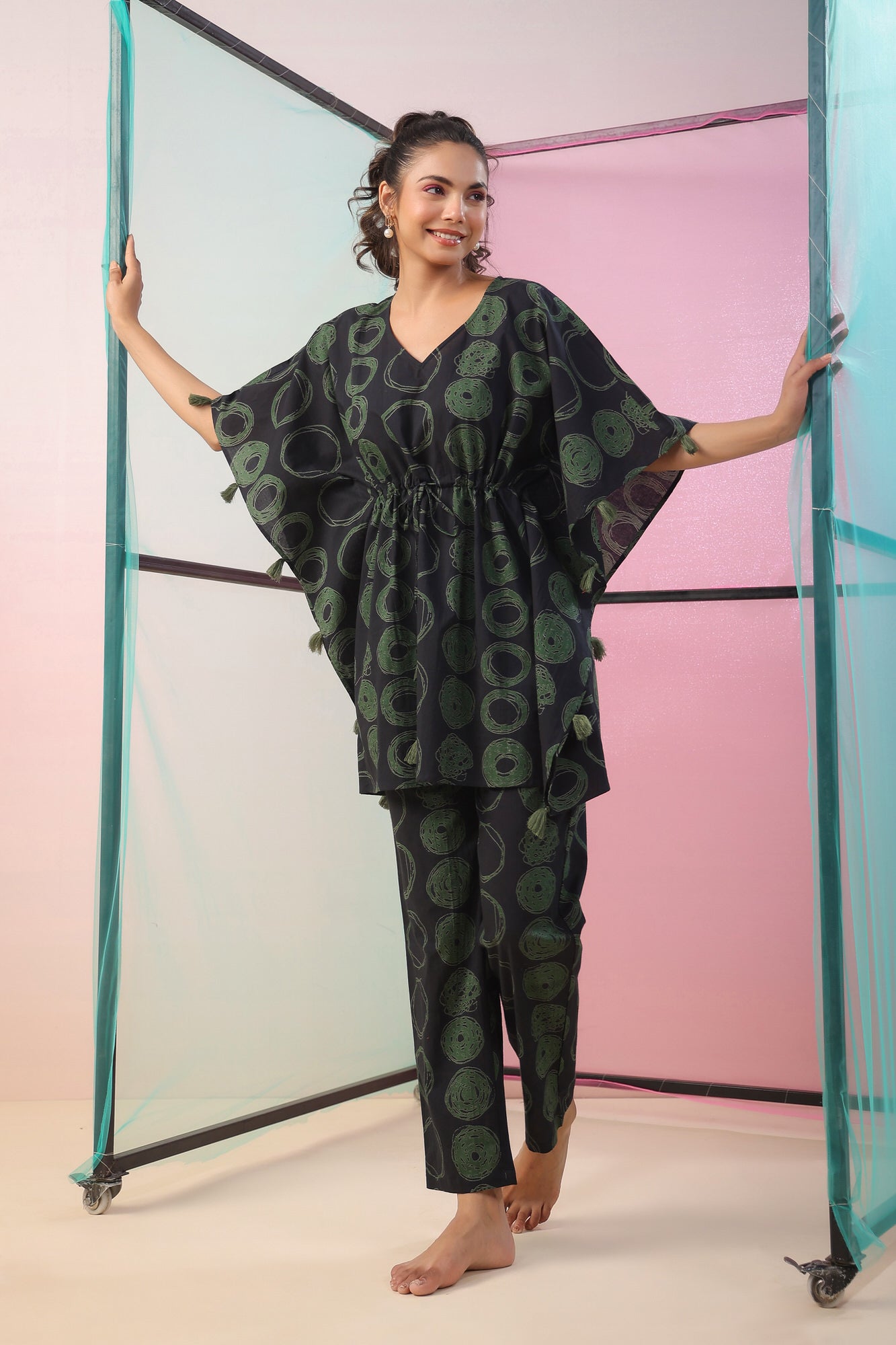 Circles on Black Kaftan Cotton Co-ord Set