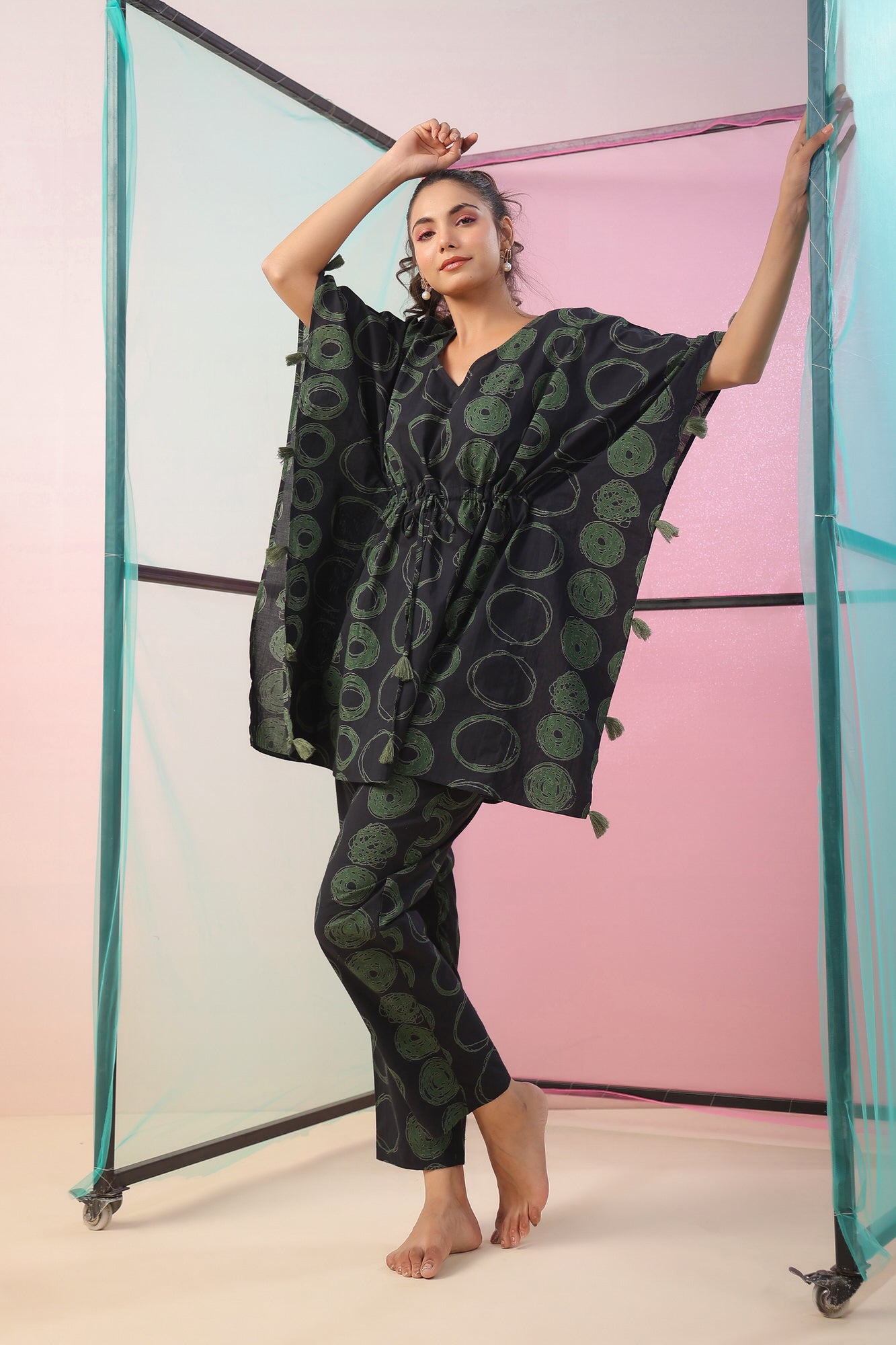 Circles on Black Kaftan Cotton Co-ord Set
