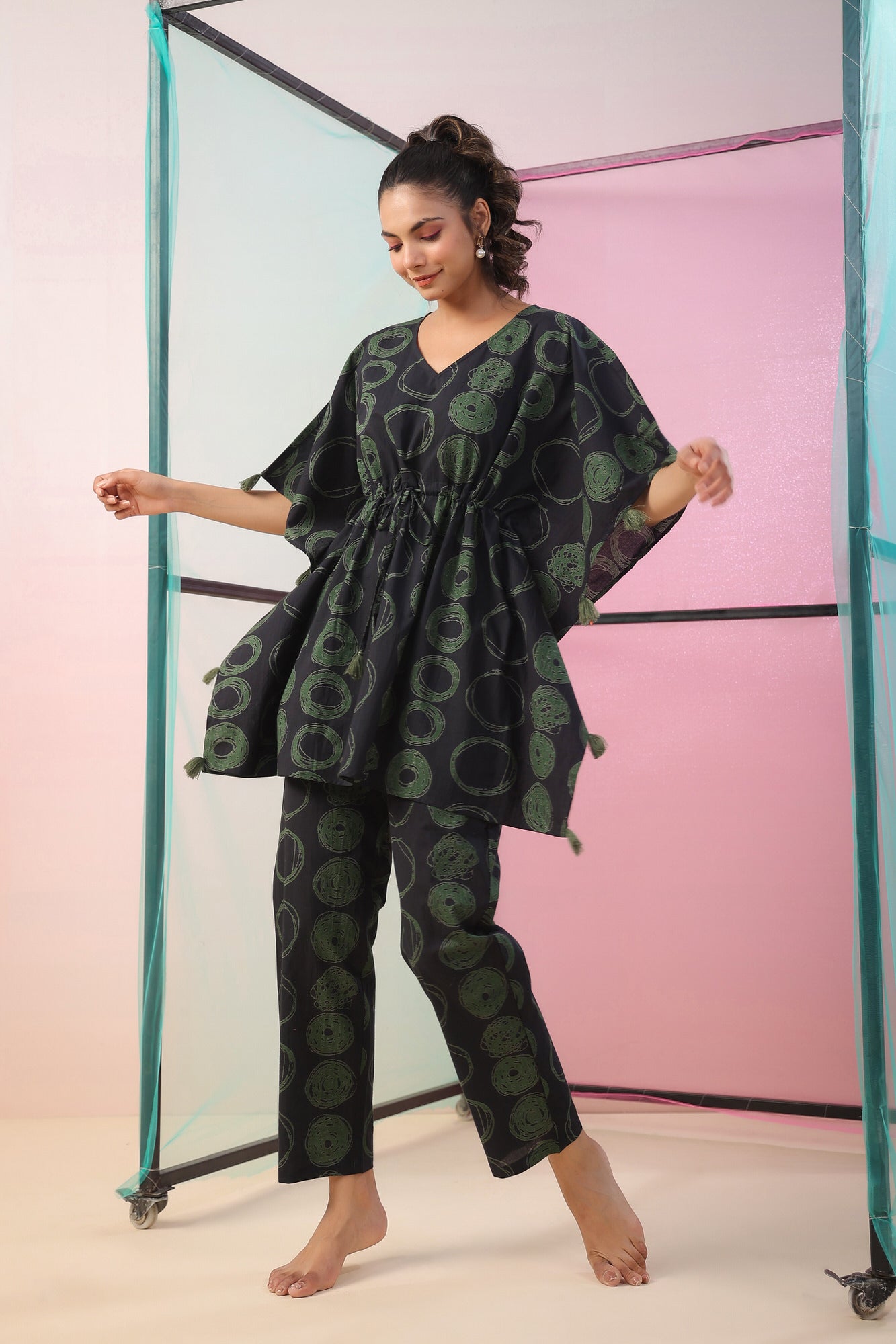 Circles on Black Kaftan Cotton Co-ord Set