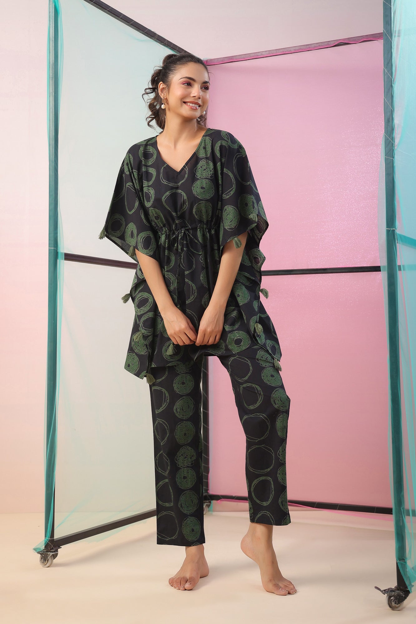 Circles on Black Kaftan Cotton Co-ord Set