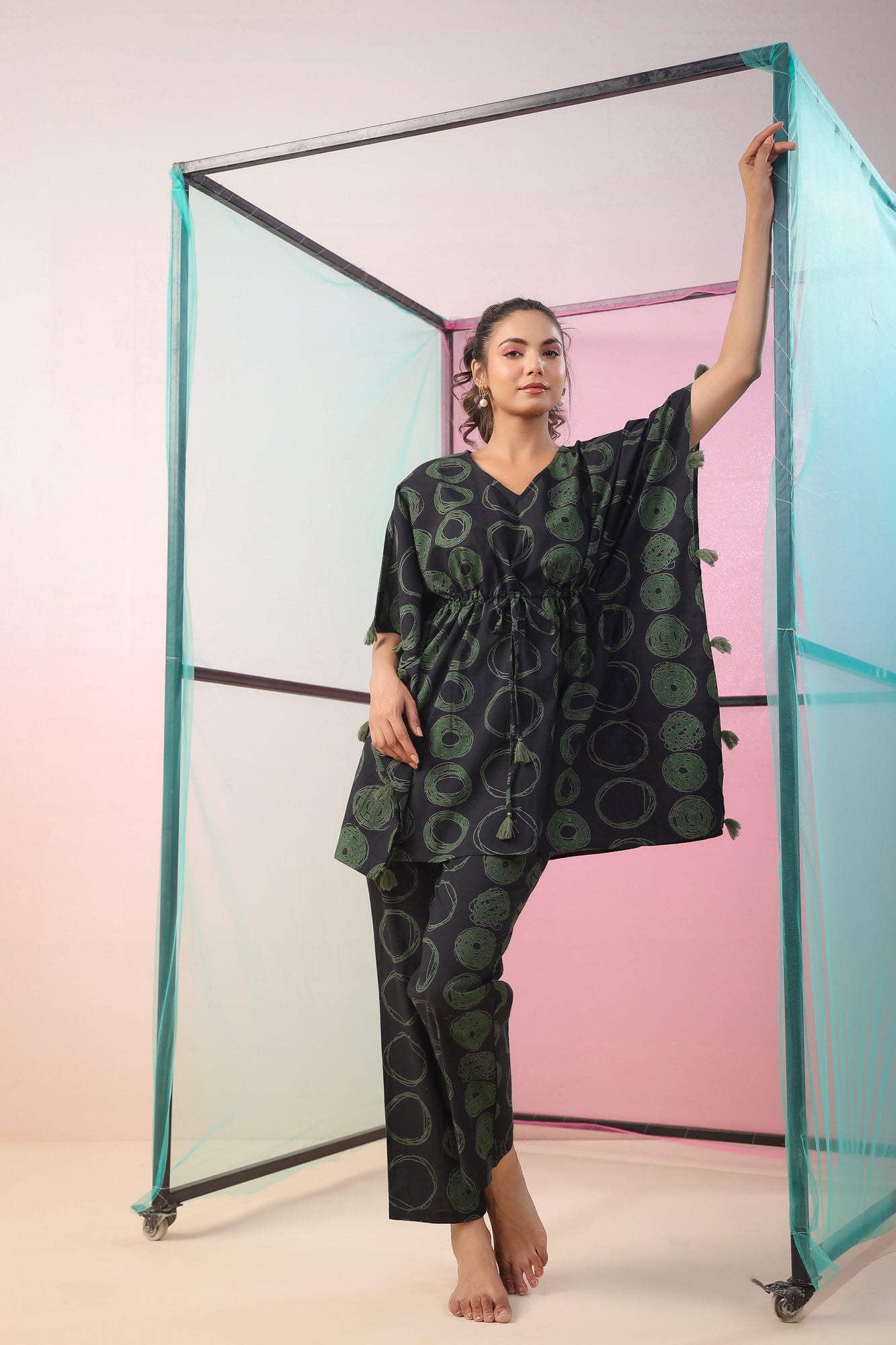 Circles on Black Kaftan Cotton Co-ord Set