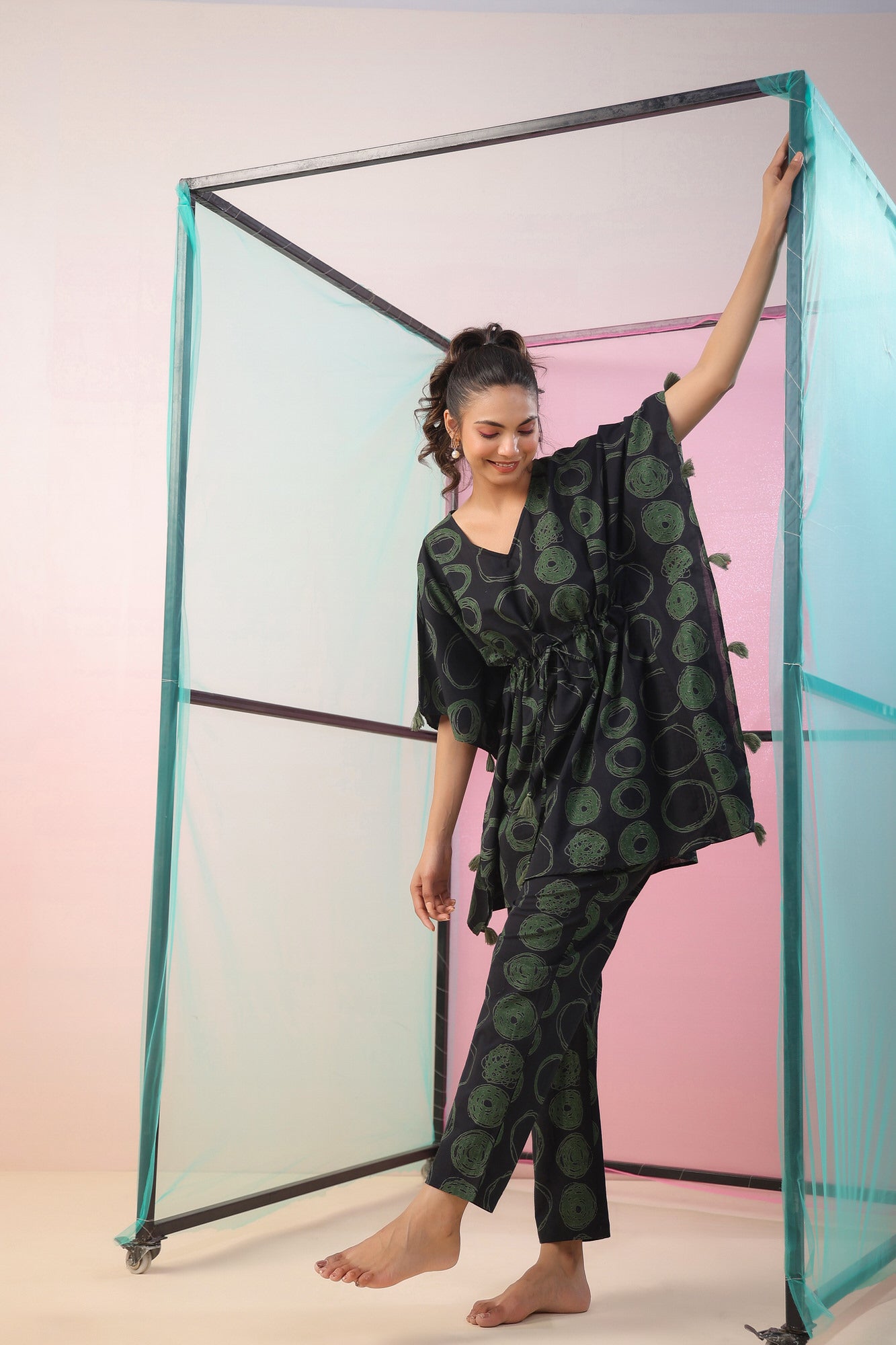 Circles on Black Kaftan Cotton Co-ord Set