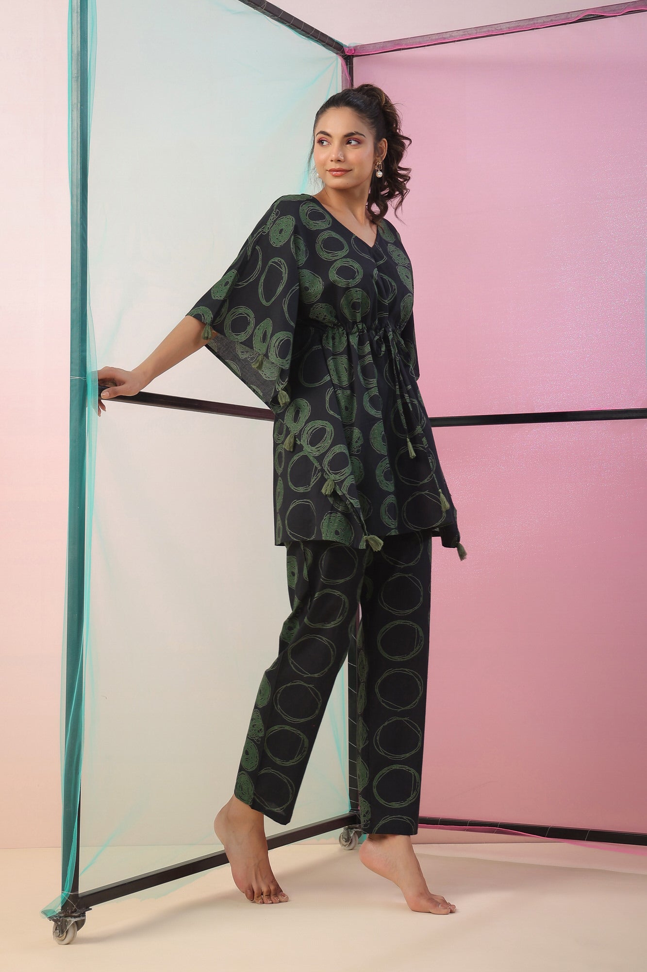 Circles on Black Kaftan Cotton Co-ord Set