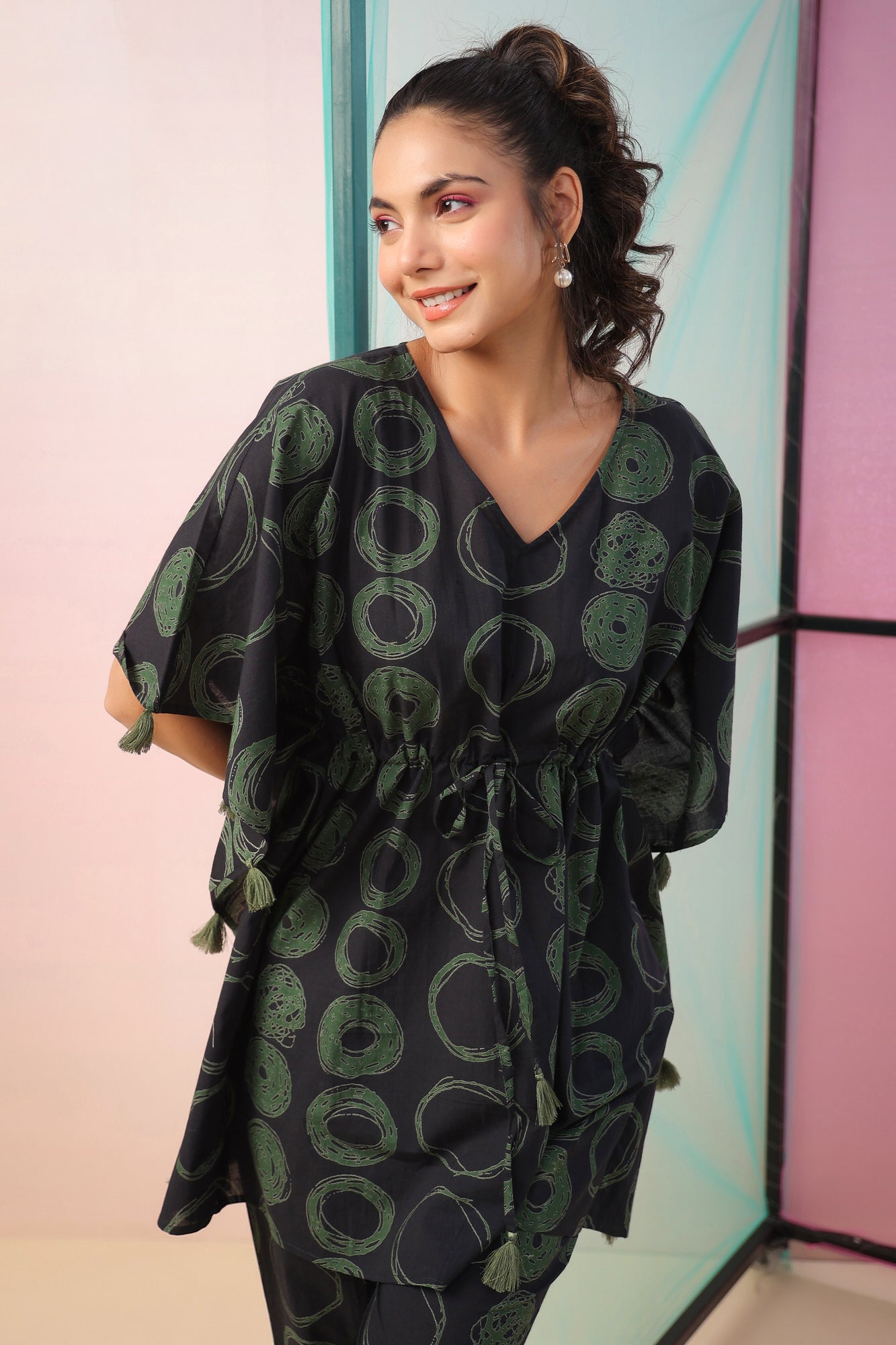Circles on Black Kaftan Cotton Co-ord Set
