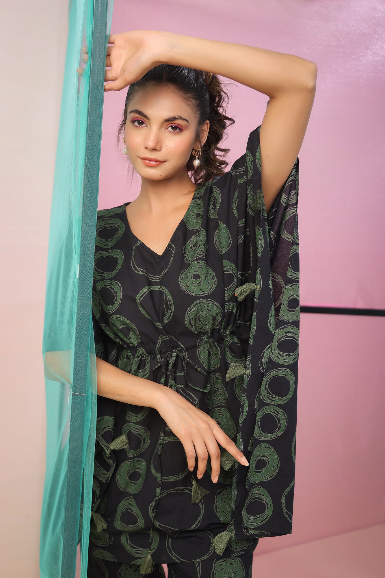Circles on Black Kaftan Cotton Co-ord Set