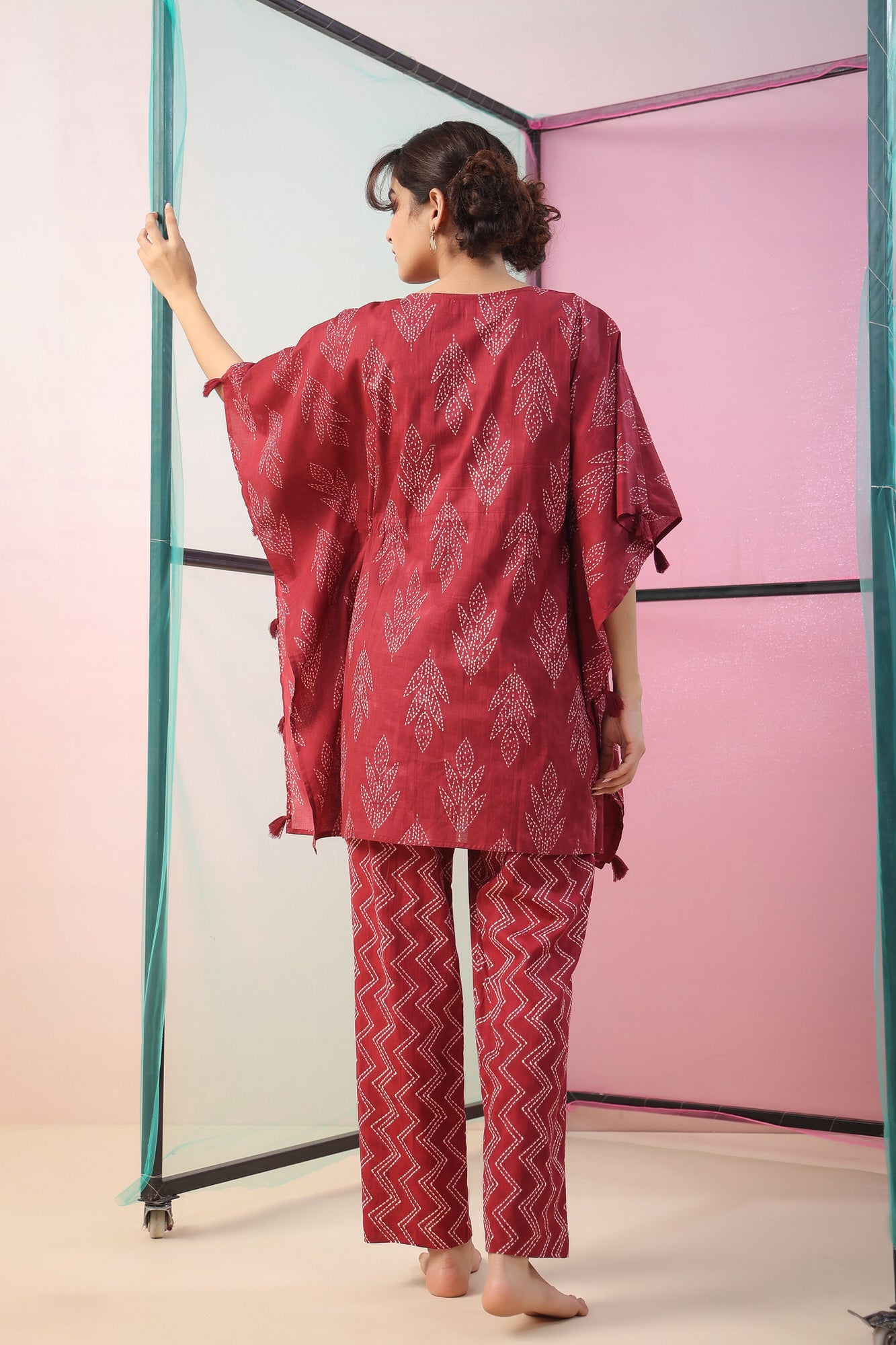 Maroon Shibori Kaftan Cotton Co-ord Set