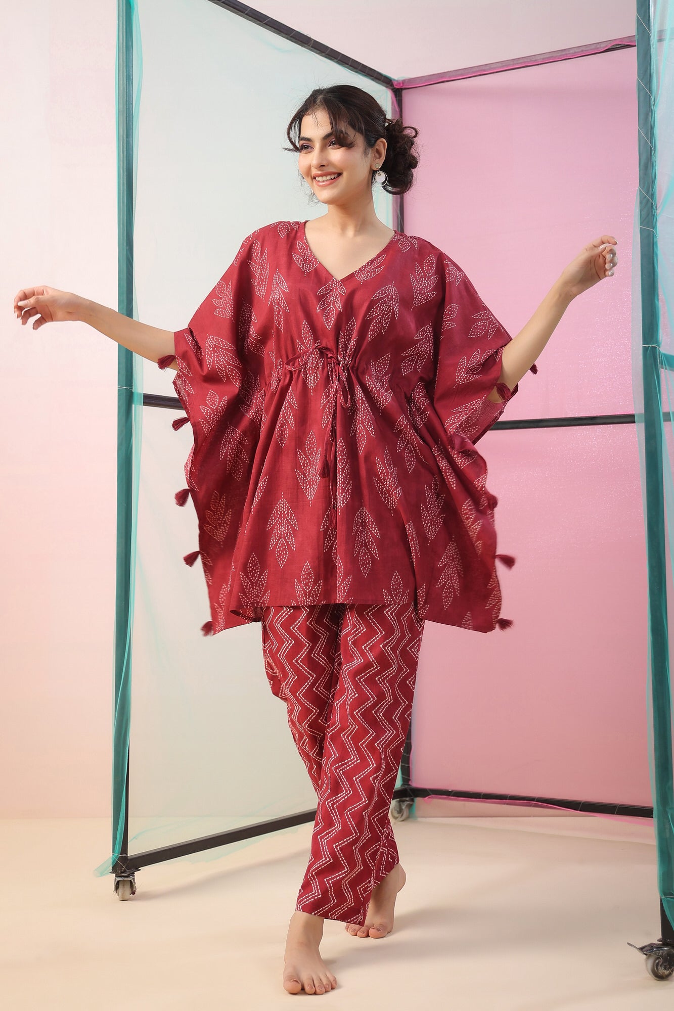 Maroon Shibori Kaftan Cotton Co-ord Set