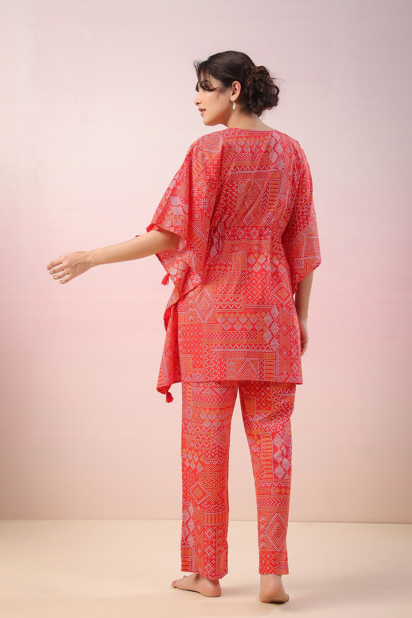 Bandhej on Red Kaftan Cotton Co-ord Set