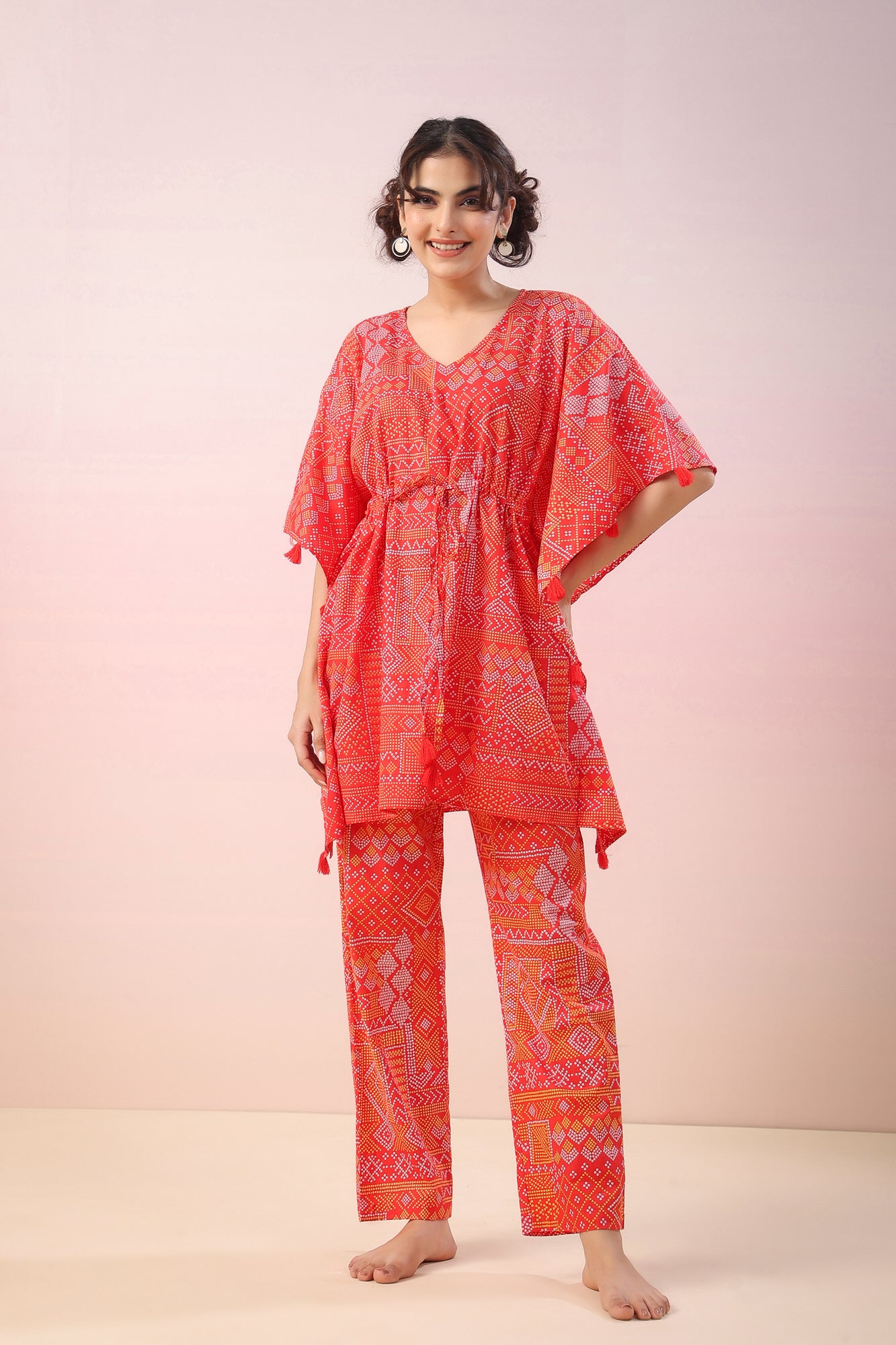 Bandhej on Red Kaftan Cotton Co-ord Set