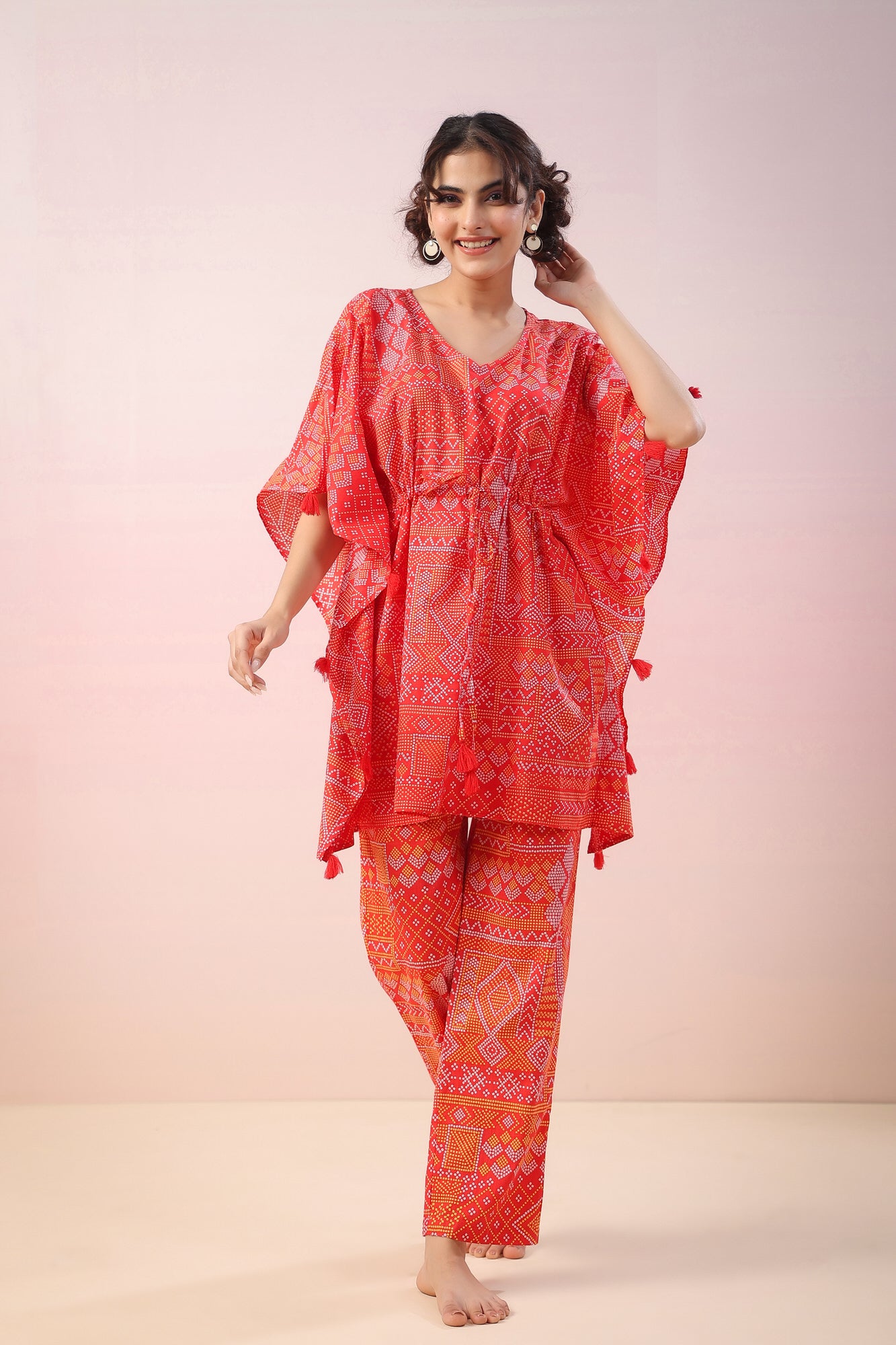 Bandhej on Red Kaftan Cotton Co-ord Set
