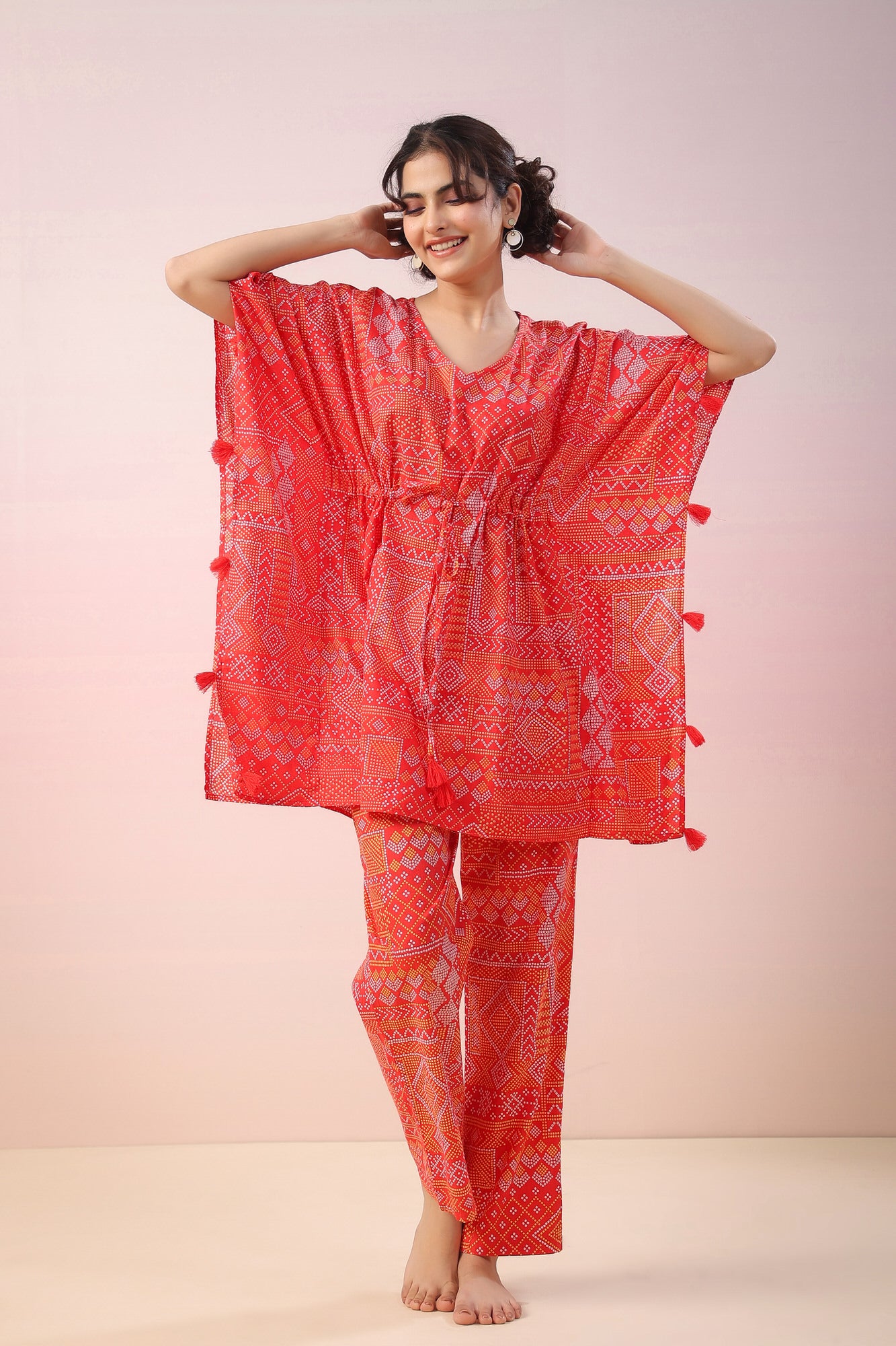 Bandhej on Red Kaftan Cotton Co-ord Set