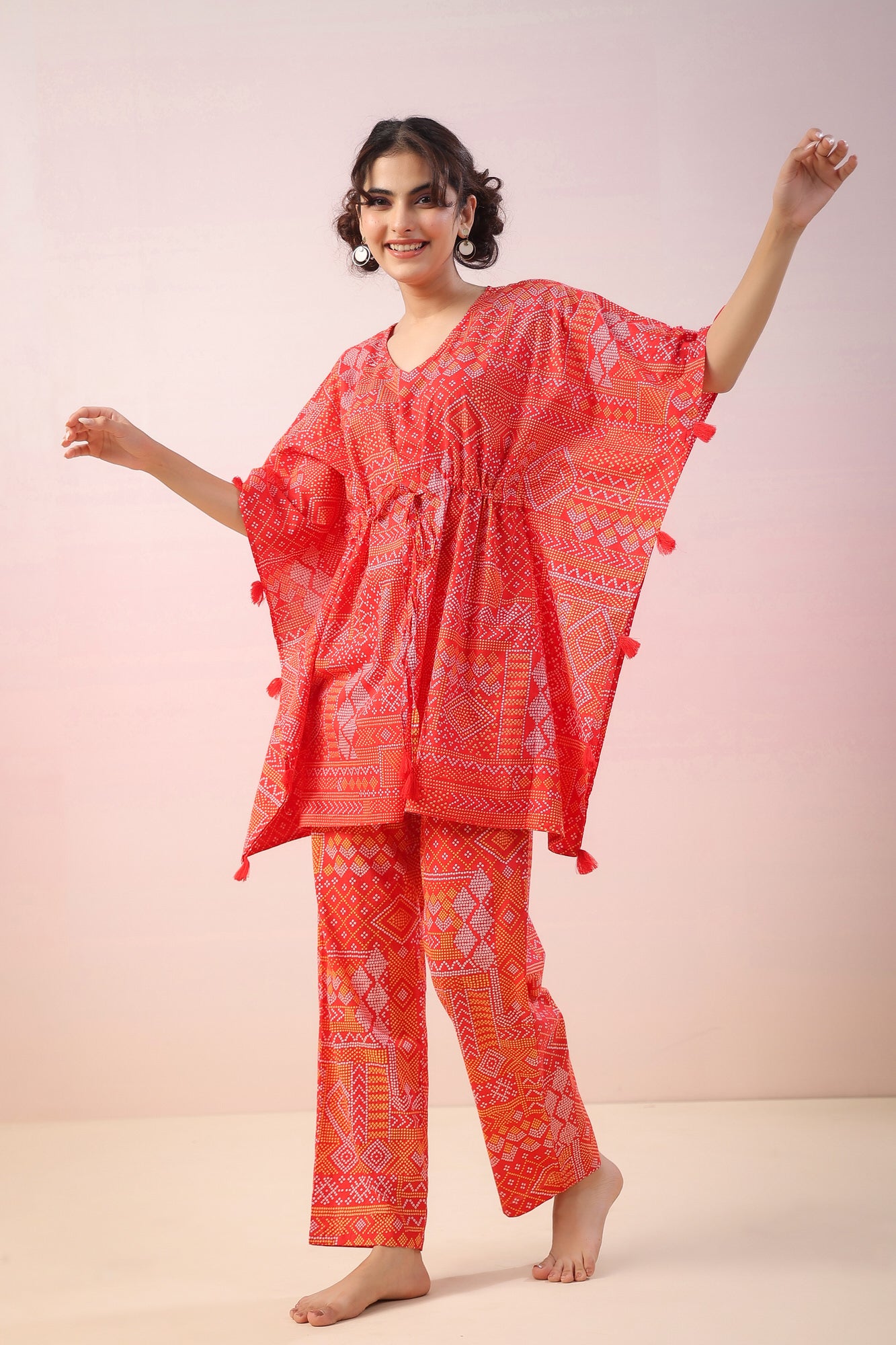 Bandhej on Red Kaftan Cotton Co-ord Set