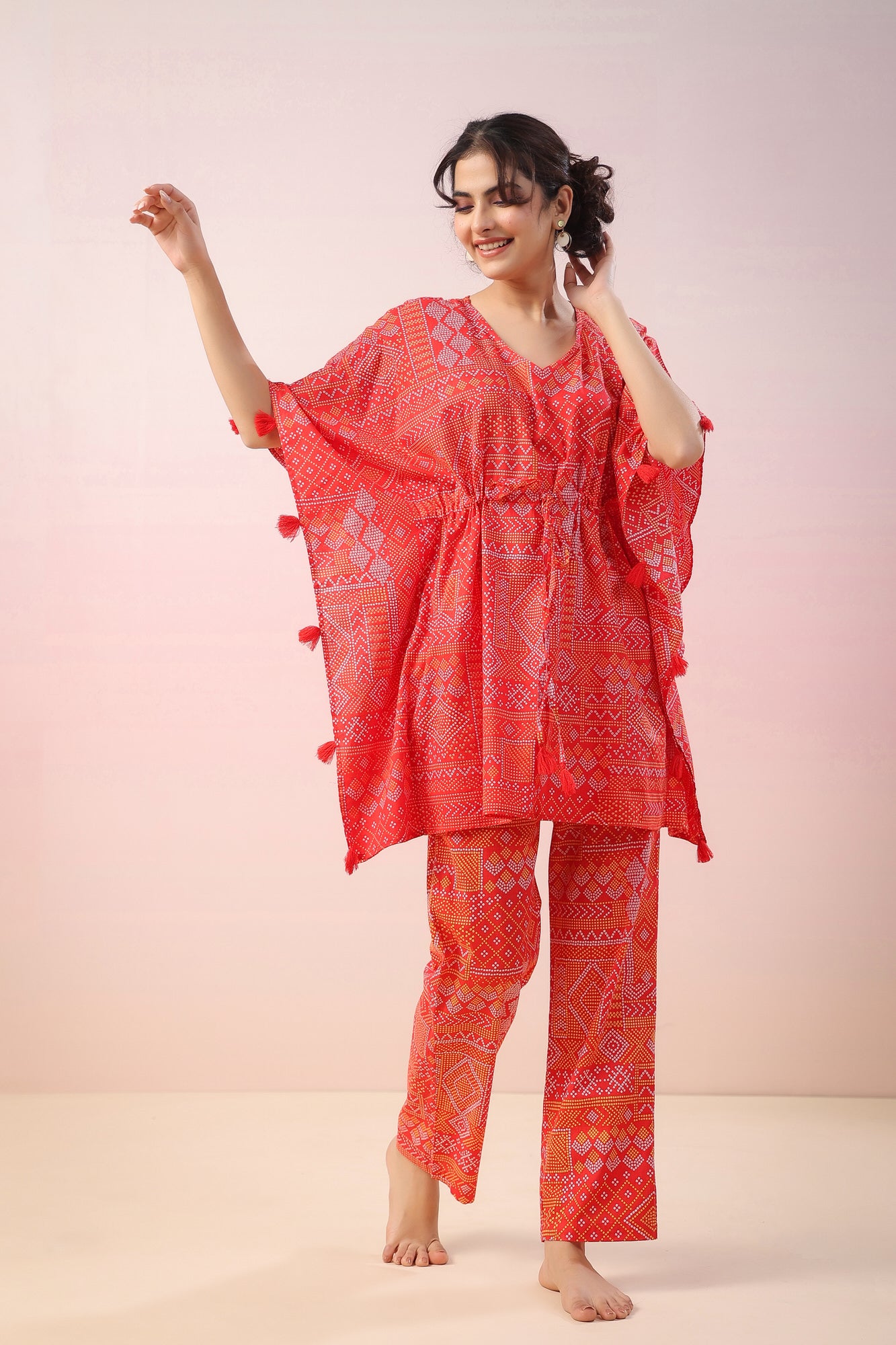Bandhej on Red Kaftan Cotton Co-ord Set