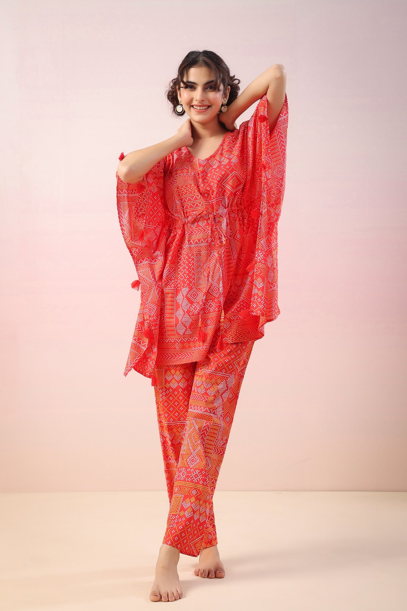 Bandhej on Red Kaftan Cotton Co-ord Set