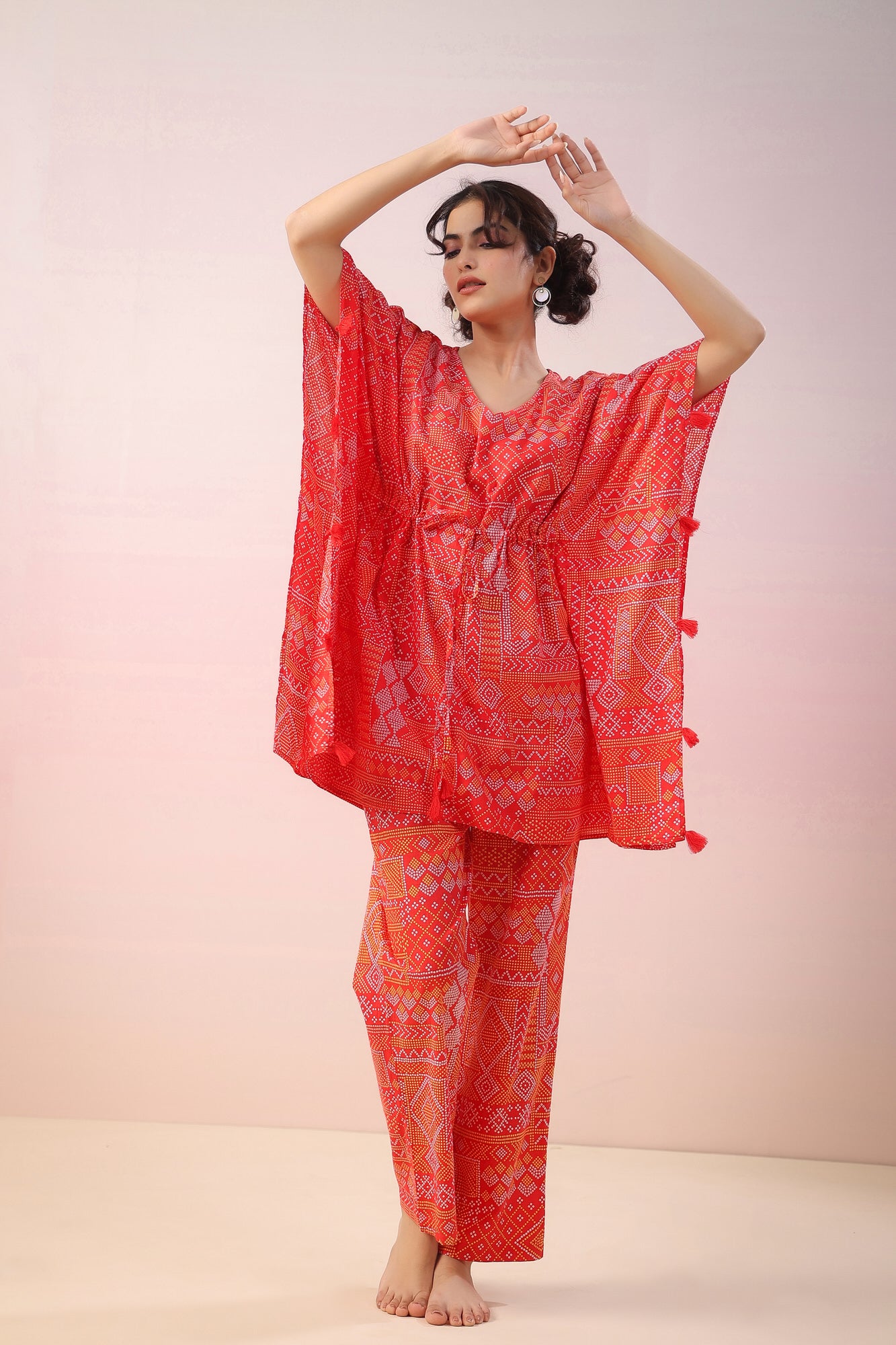 Bandhej on Red Kaftan Cotton Co-ord Set
