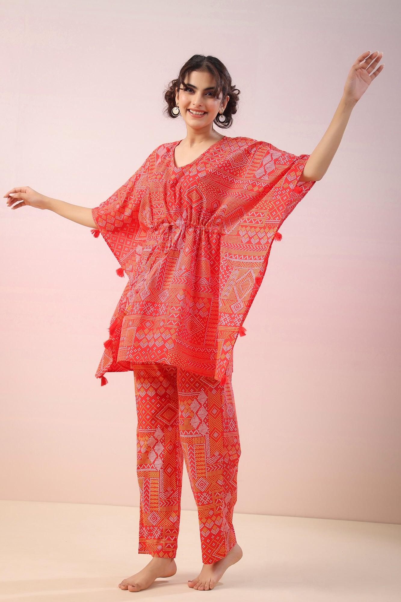 Bandhej on Red Kaftan Cotton Co-ord Set