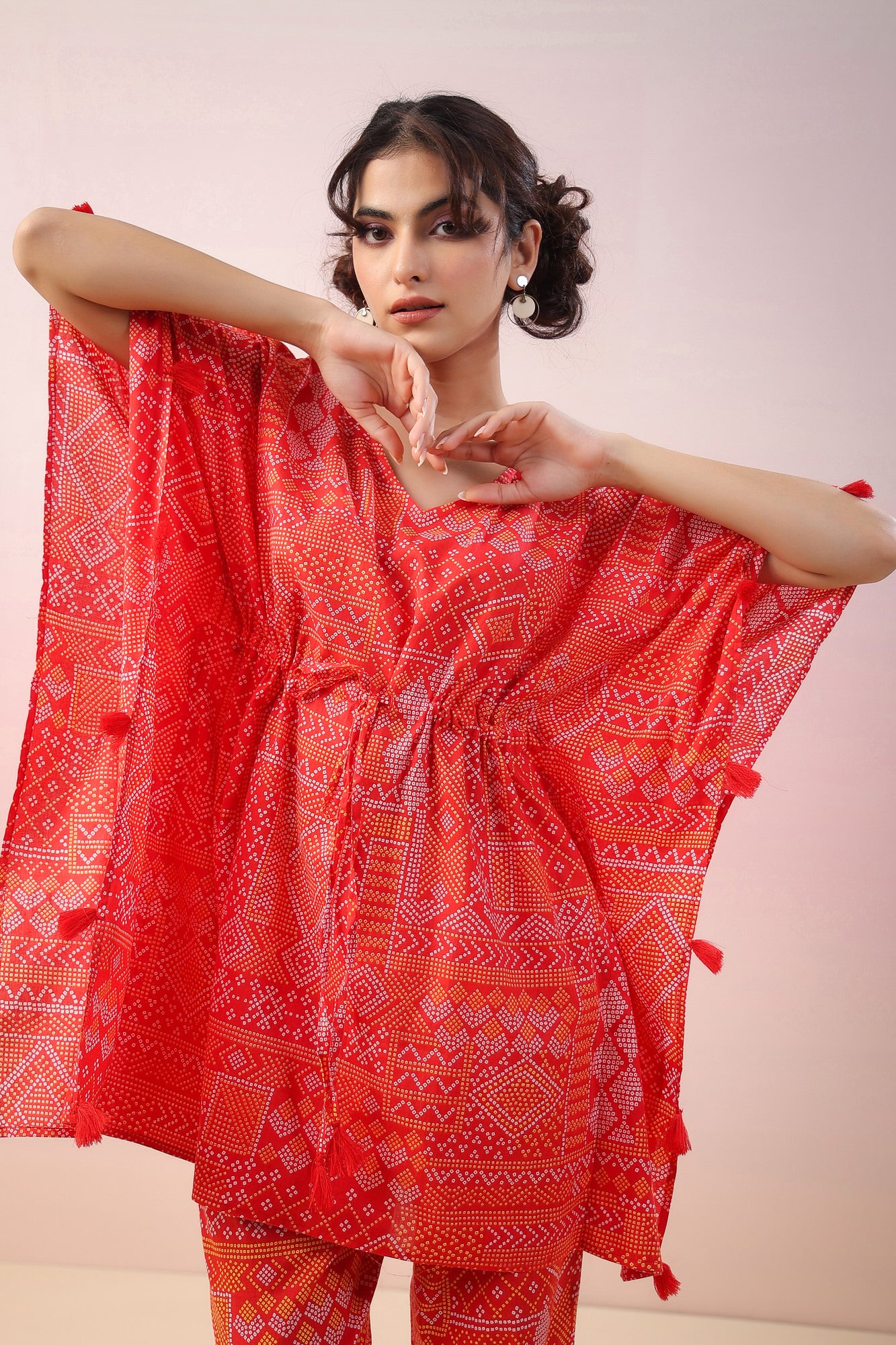 Bandhej on Red Kaftan Cotton Co-ord Set