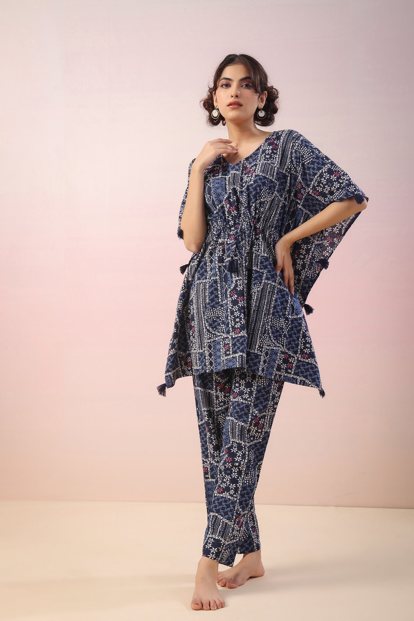 Doodle Print on Indigo Kaftan Cotton Co-ord Set