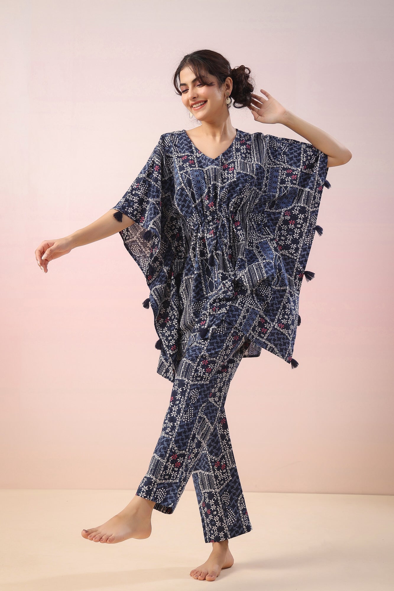 Doodle Print on Indigo Kaftan Cotton Co-ord Set