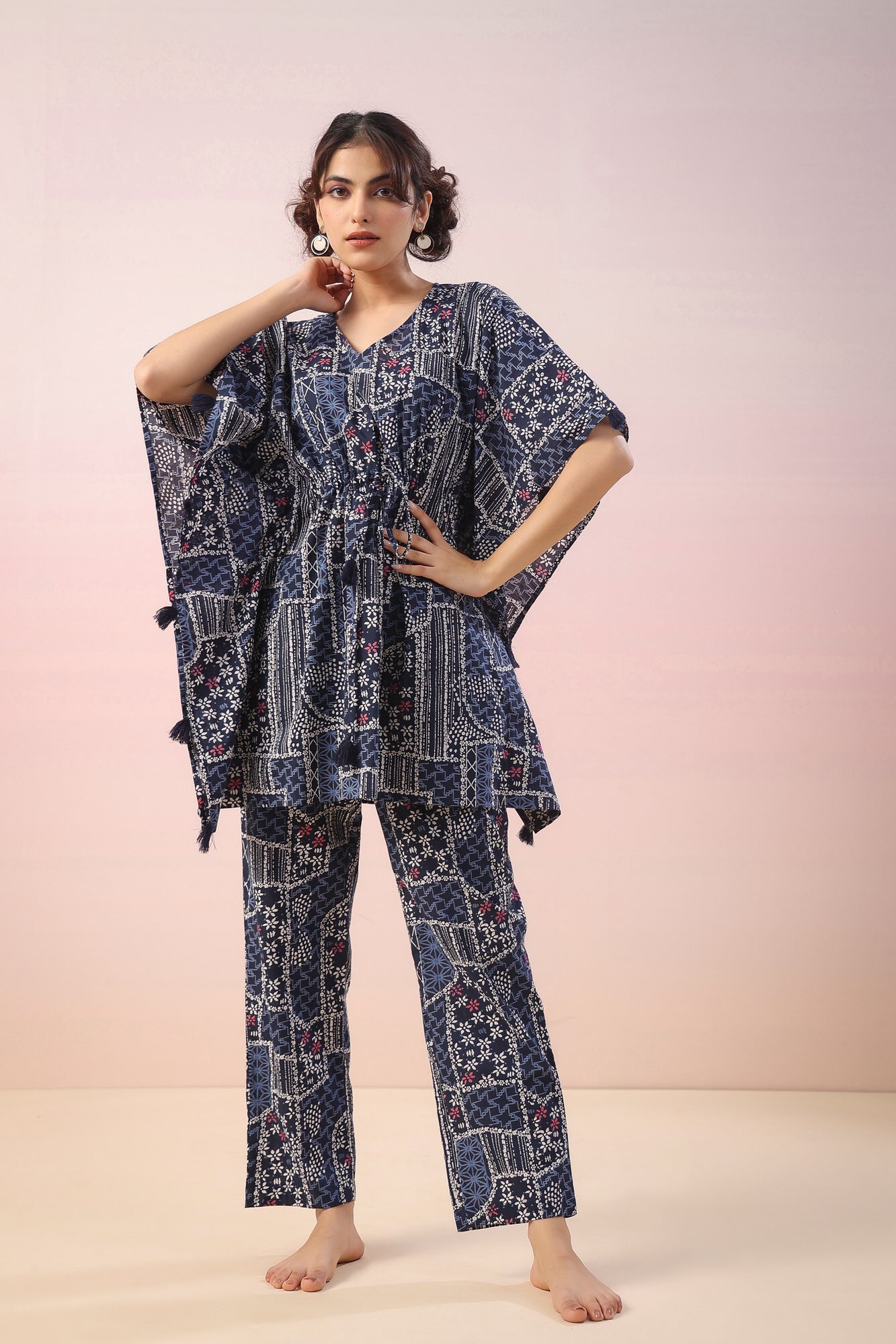 Doodle Print on Indigo Kaftan Cotton Co-ord Set