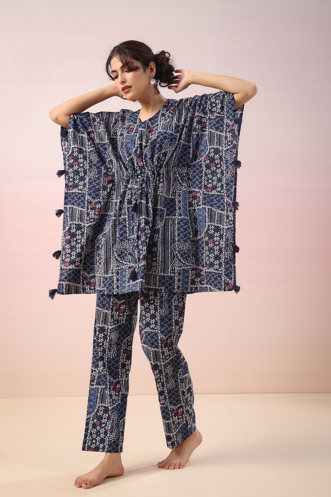 Doodle Print on Indigo Kaftan Cotton Co-ord Set