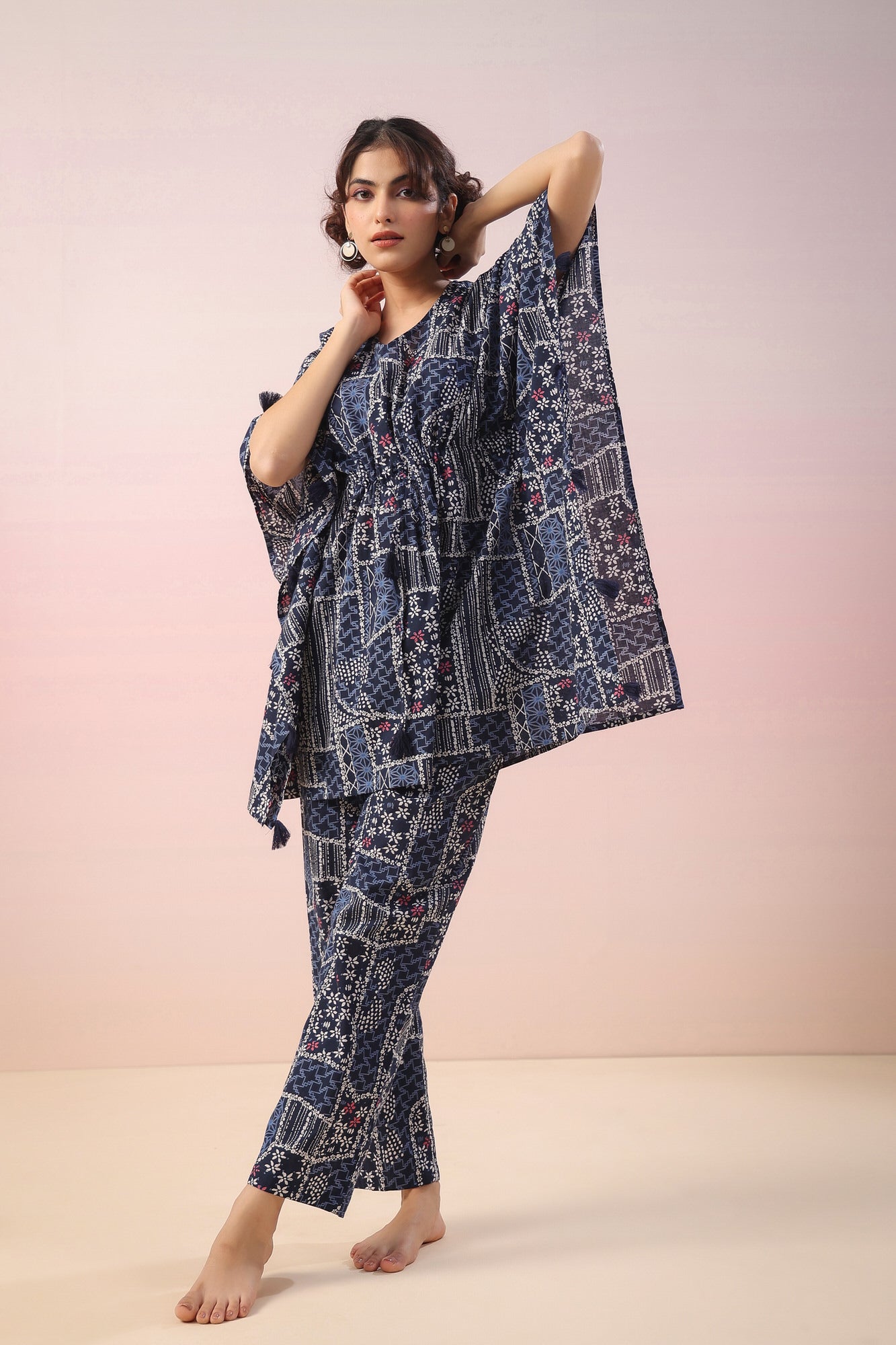 Doodle Print on Indigo Kaftan Cotton Co-ord Set