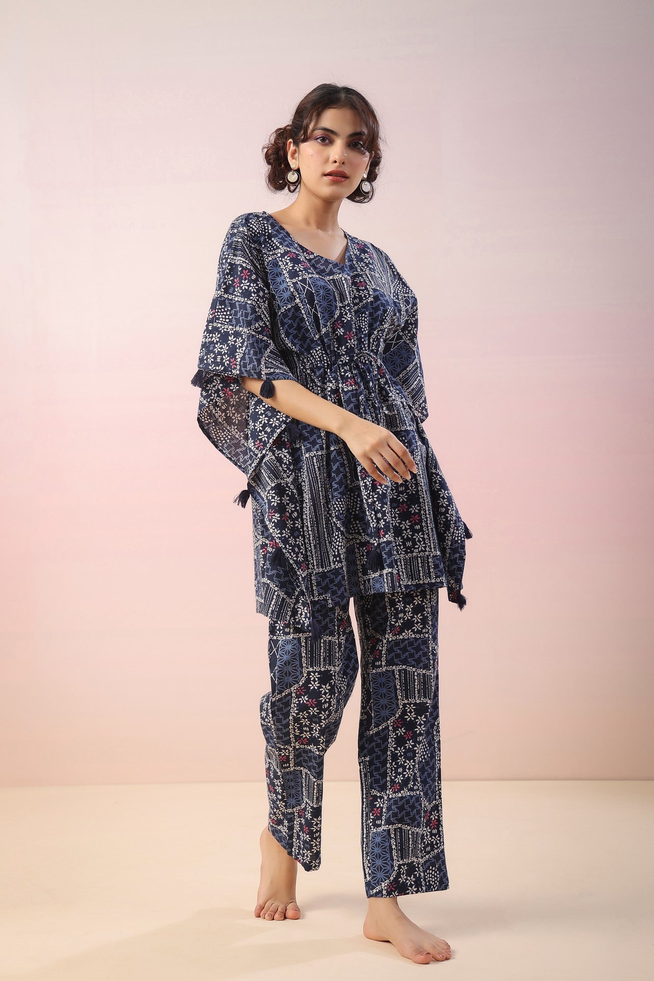 Doodle Print on Indigo Kaftan Cotton Co-ord Set