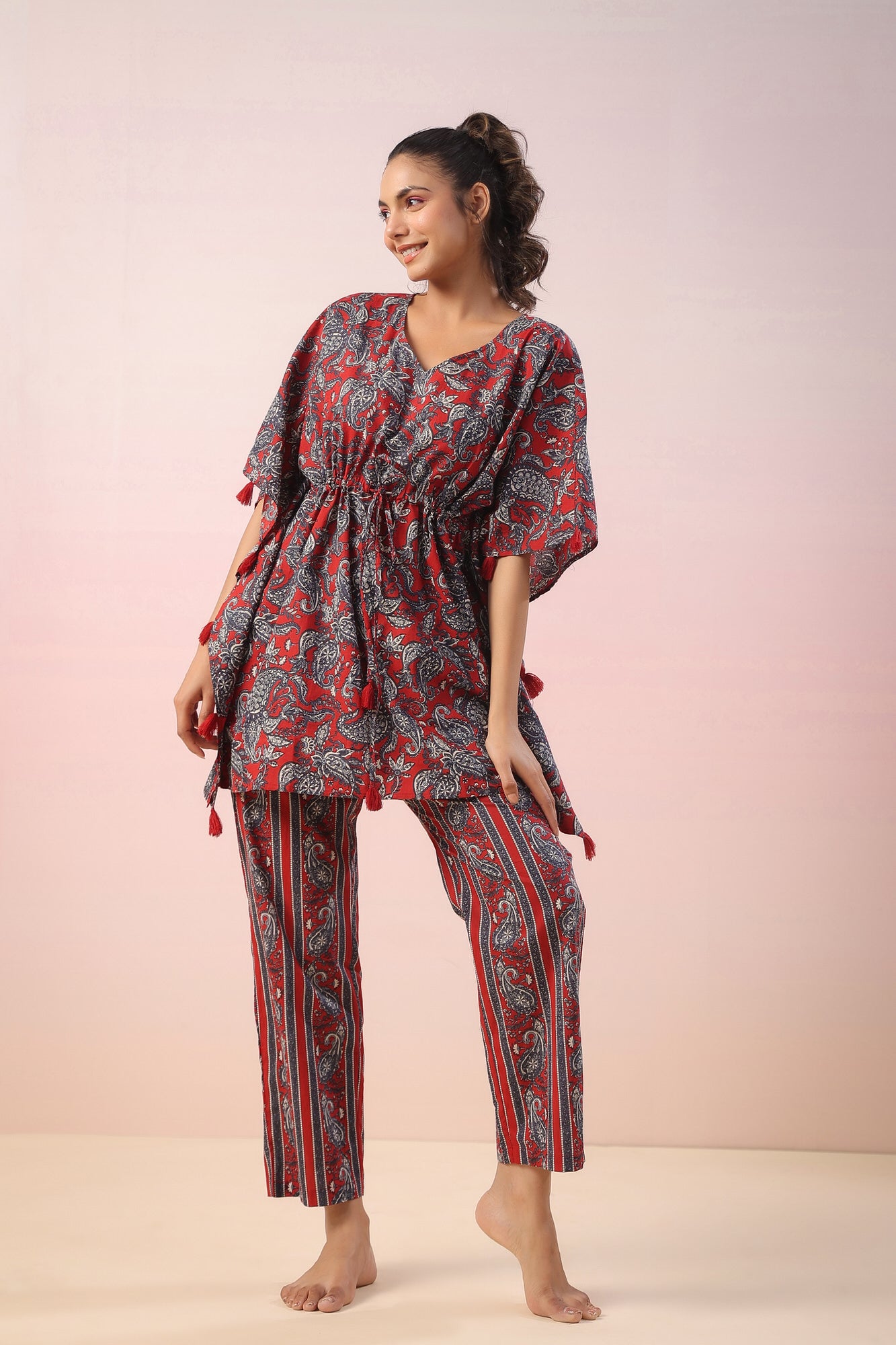 Jaal Print on Red Kaftan Cotton Co-ord Set