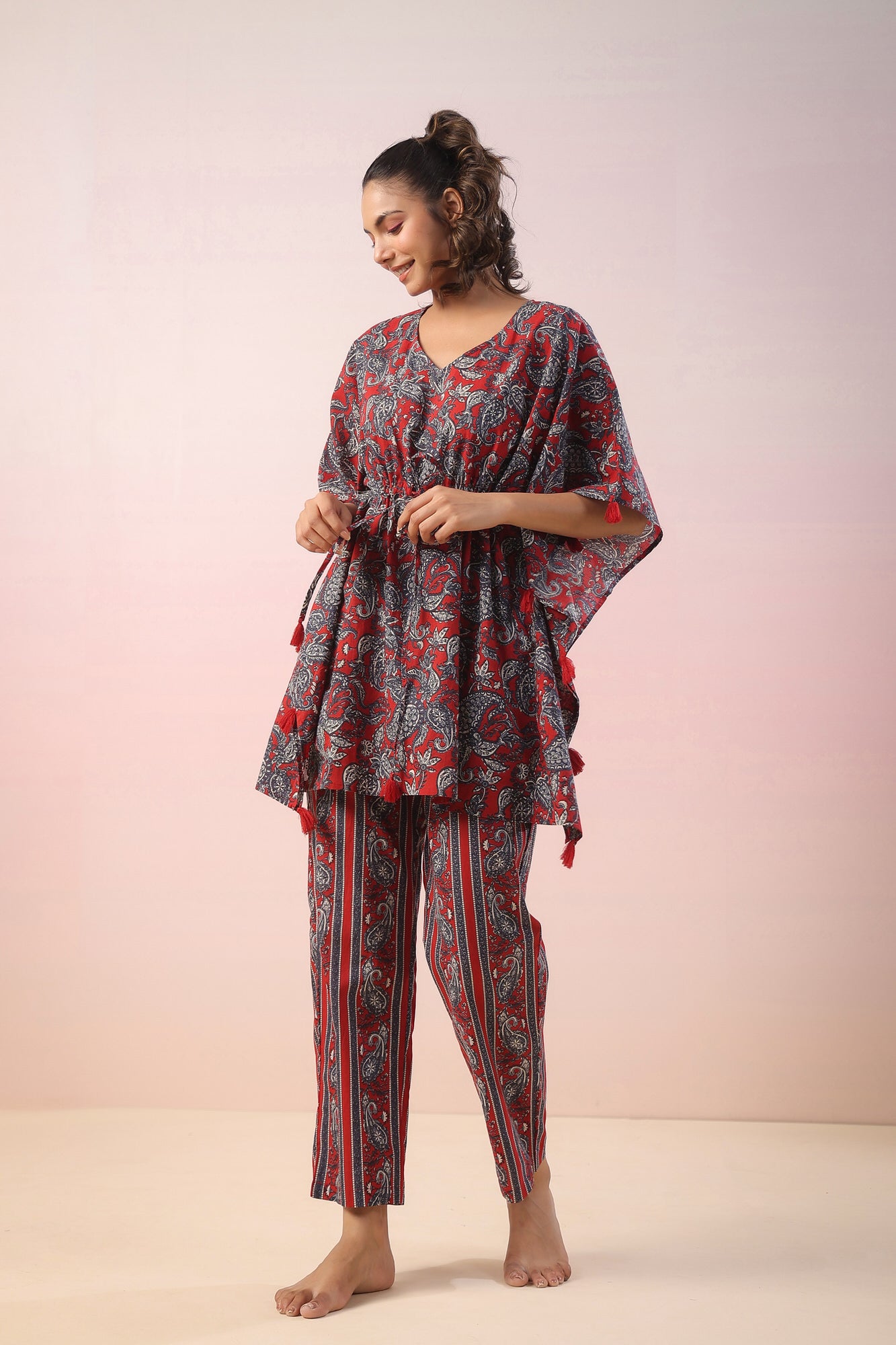 Jaal Print on Red Kaftan Cotton Co-ord Set