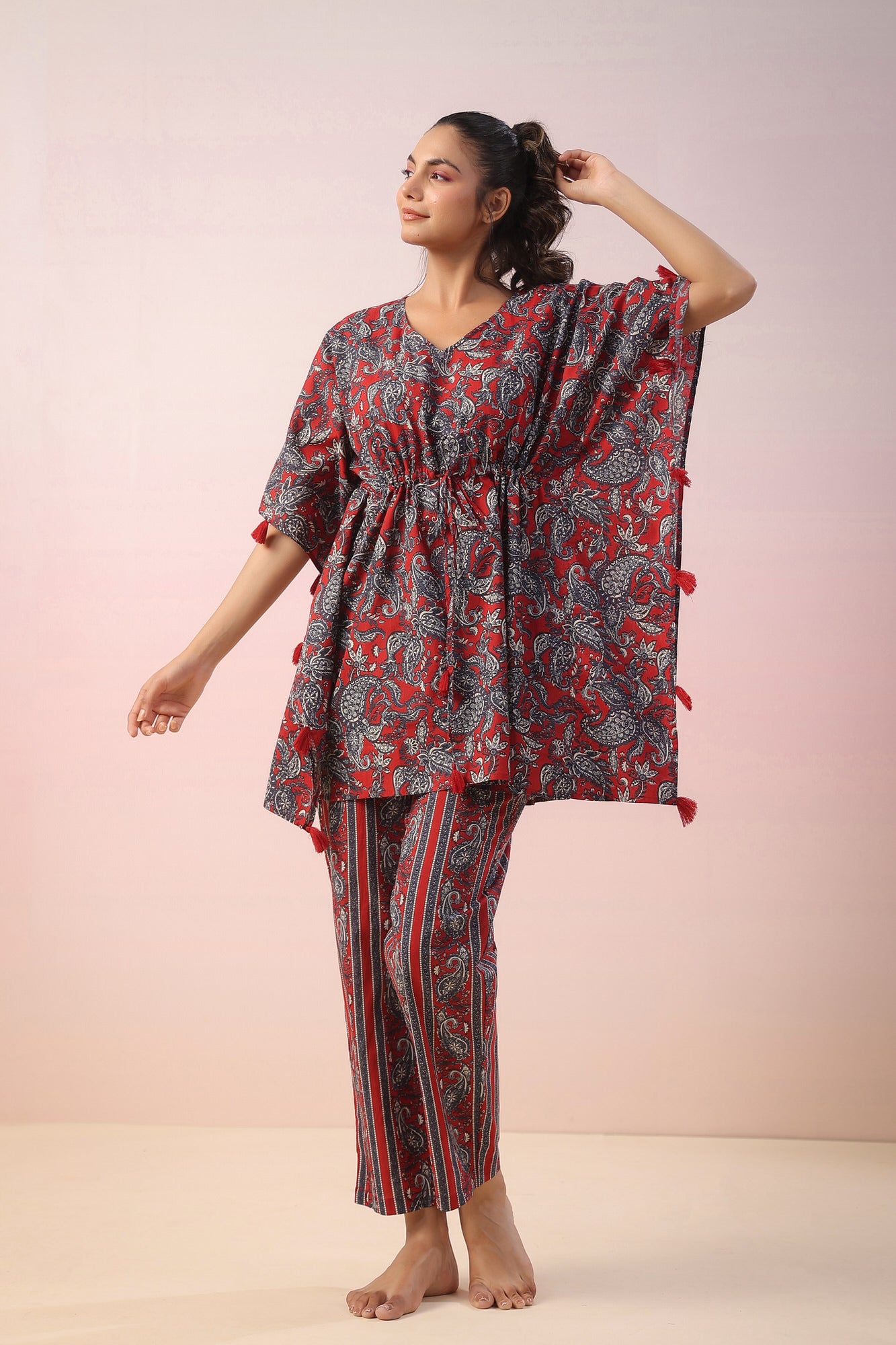 Jaal Print on Red Kaftan Cotton Co-ord Set