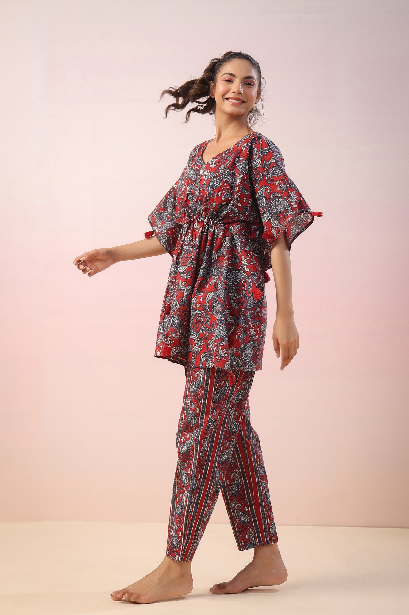 Jaal Print on Red Kaftan Cotton Co-ord Set