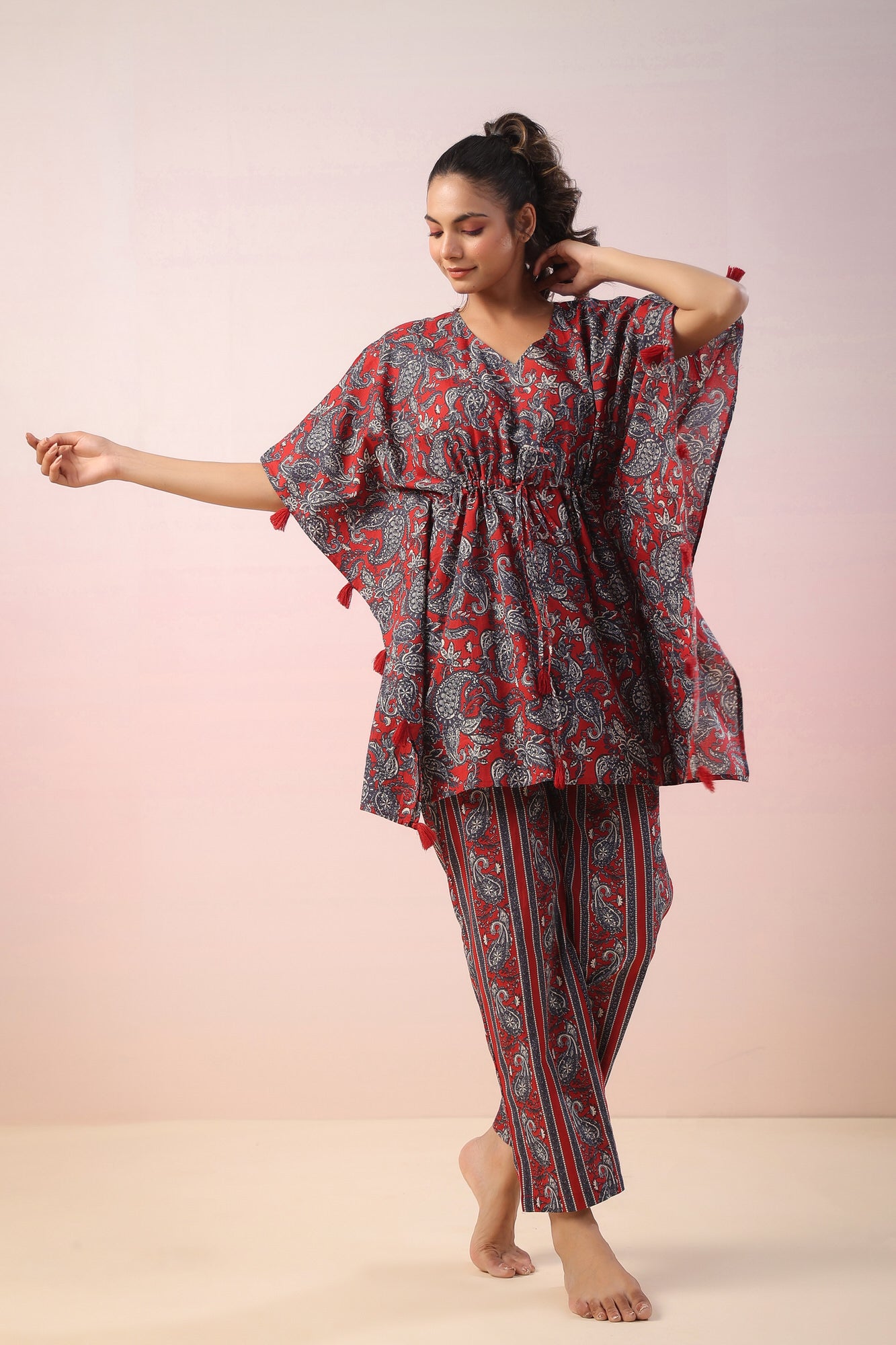 Jaal Print on Red Kaftan Cotton Co-ord Set