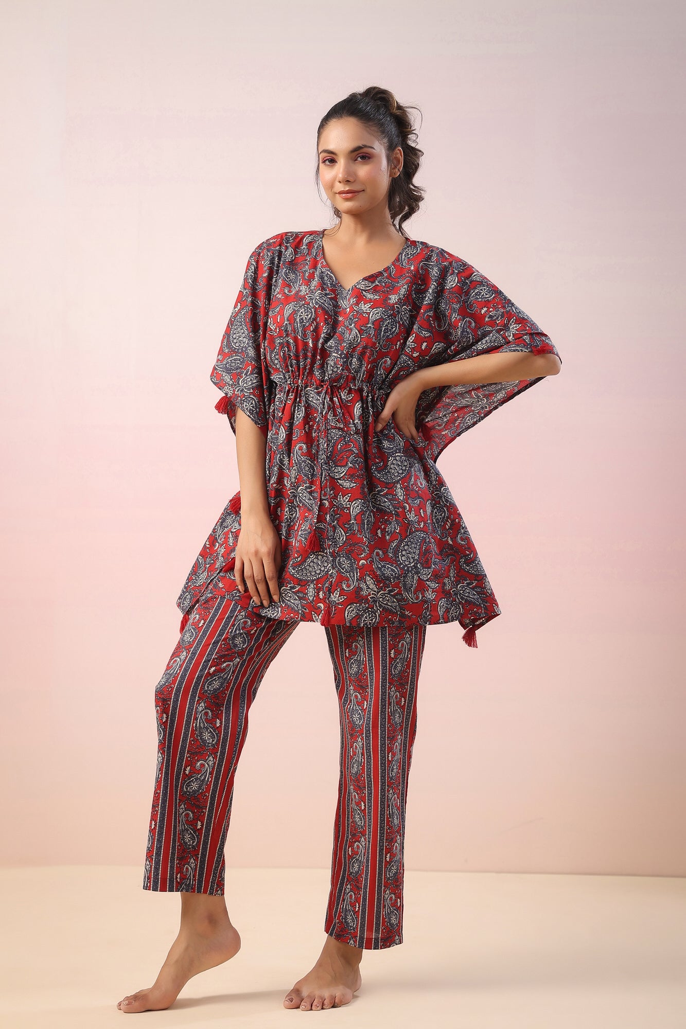 Jaal Print on Red Kaftan Cotton Co-ord Set