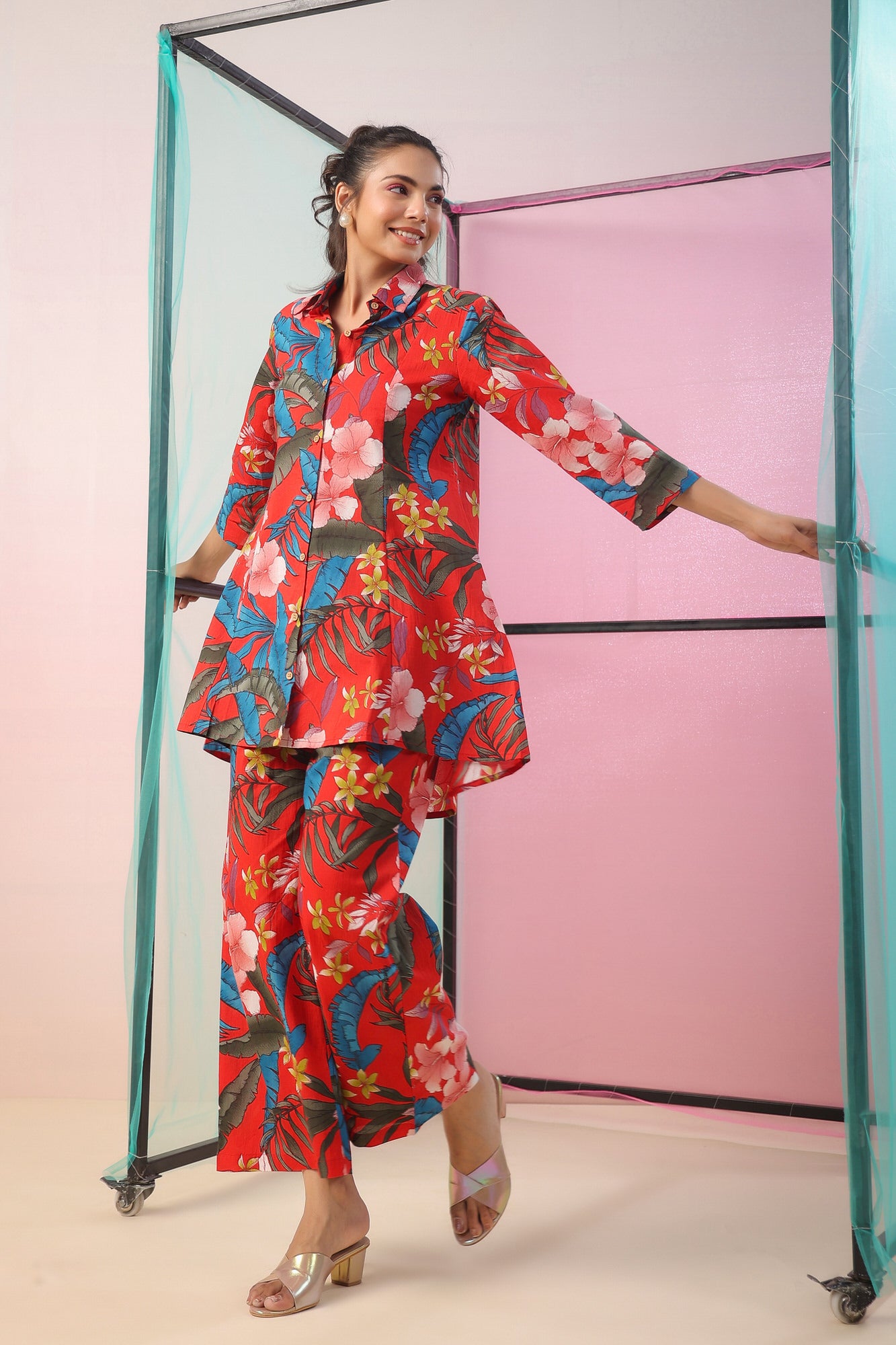 Red Florals Palazzo Cotton Loungewear Set