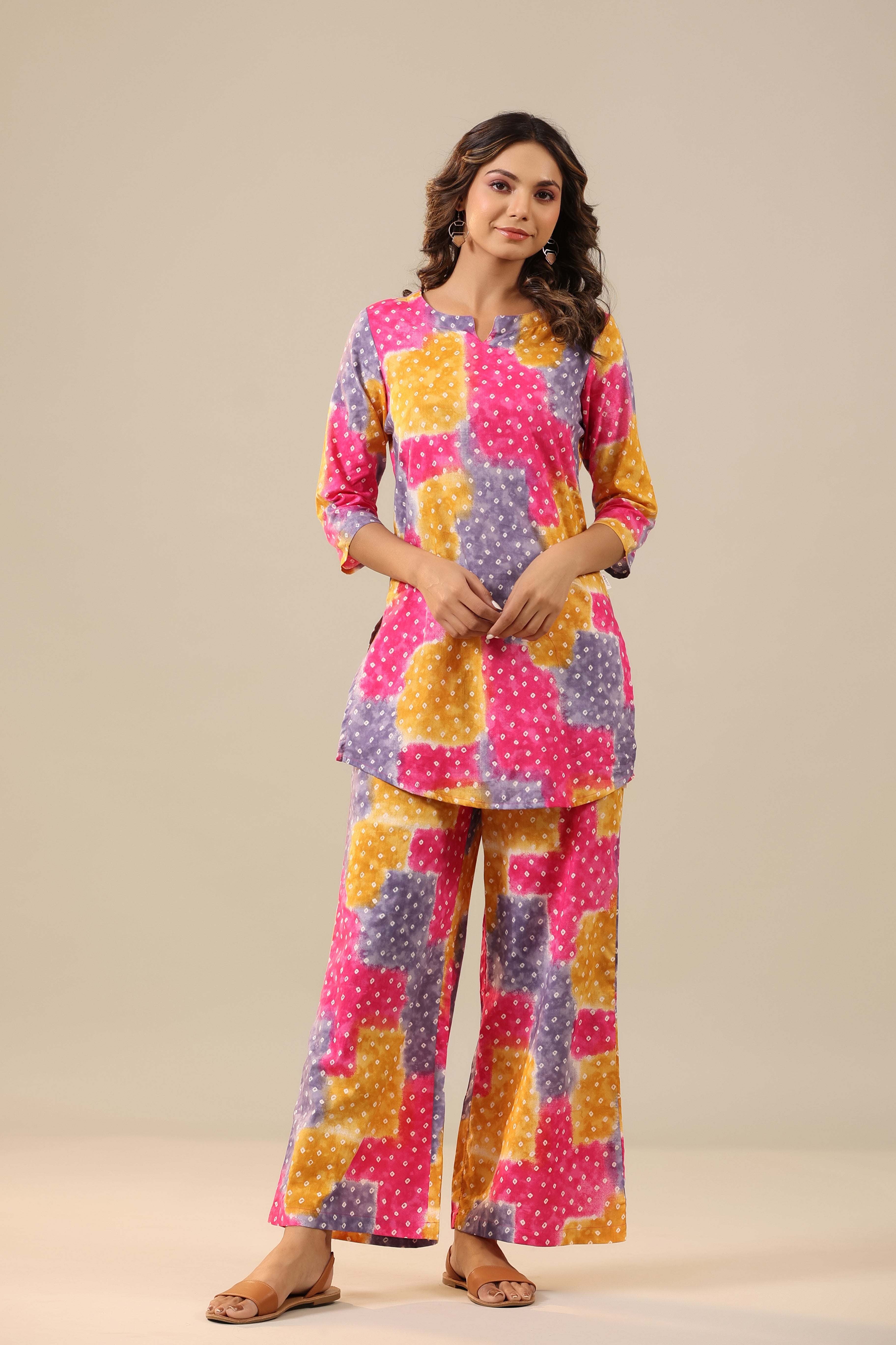 Multicoloured Bandhej on Cotton Palazzo Loungewear Set